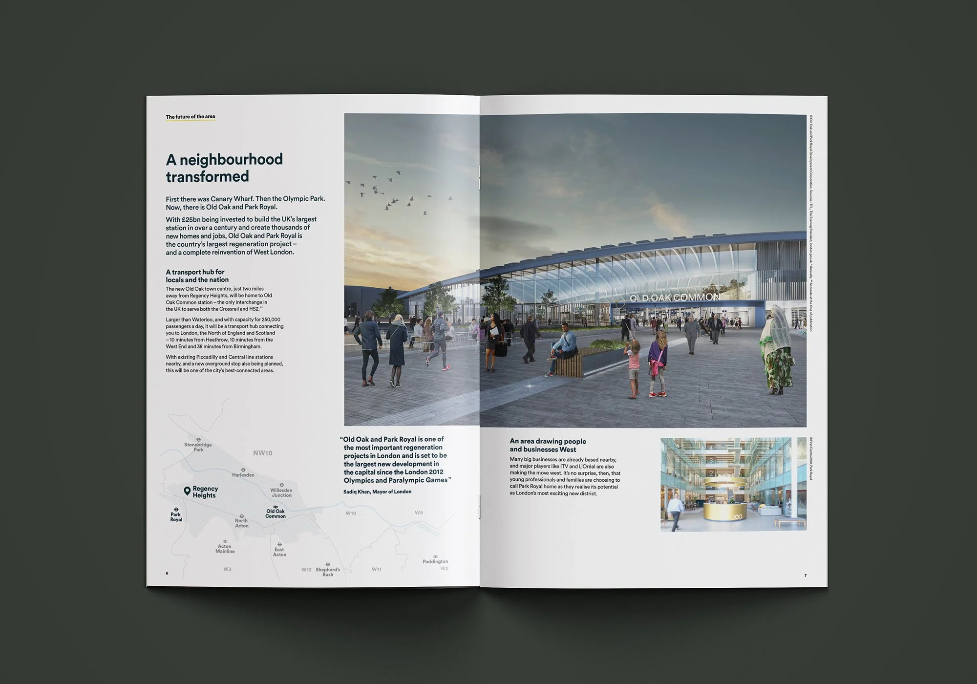 “A neighbourhood transformed” spread with an architectural visualisation of the new development