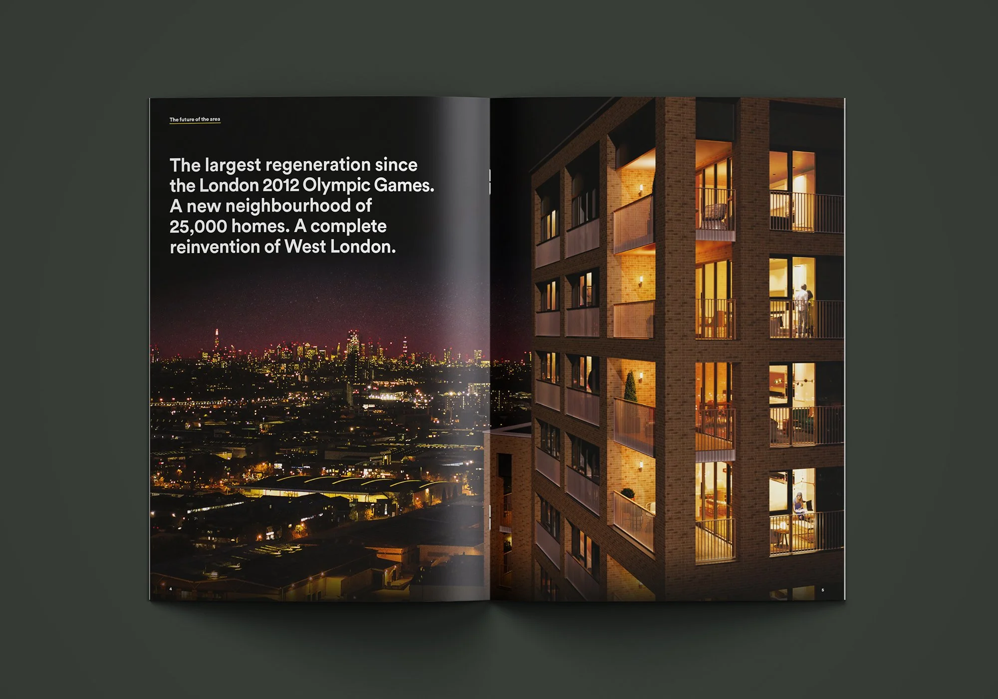 Spread pairing a night-time skyline with a lit apartment building at the heart of the regeneration