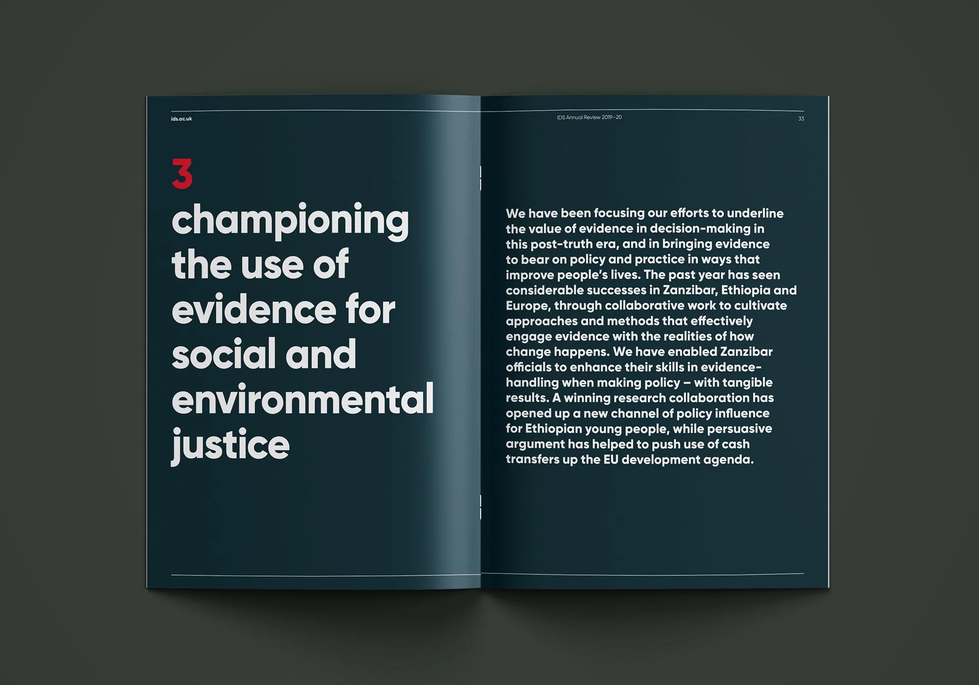 Dark teal spread with the large heading “Championing the use of evidence for social and environmental justice”