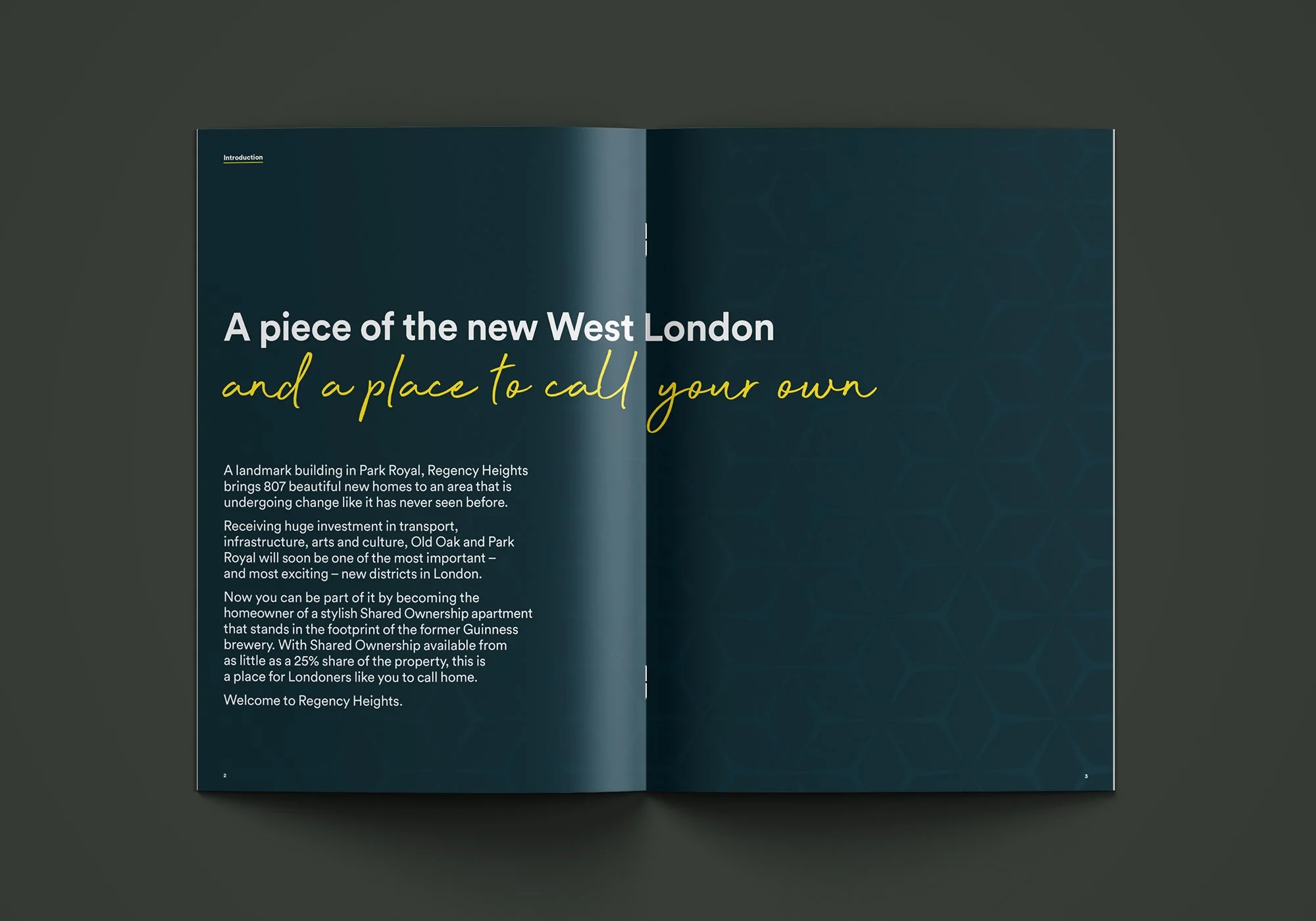 Brochure opening spread titled “A piece of the new West London” with script lettering