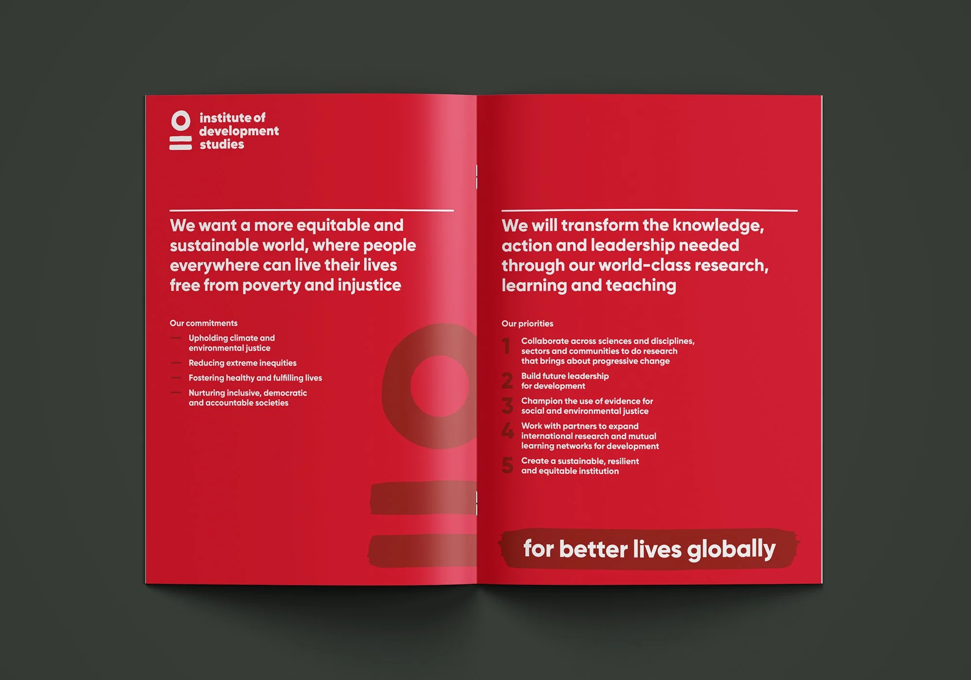 Annual review spread in bold red, setting out the organisation’s mission and priorities