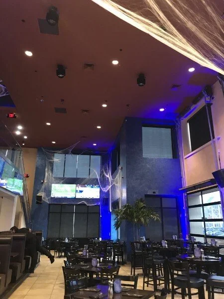 Empty restaurant with dark blue walls, multiple TV screens, spider web decorations, and a large potted plant under a brown ceiling with lights and purple accent lighting.