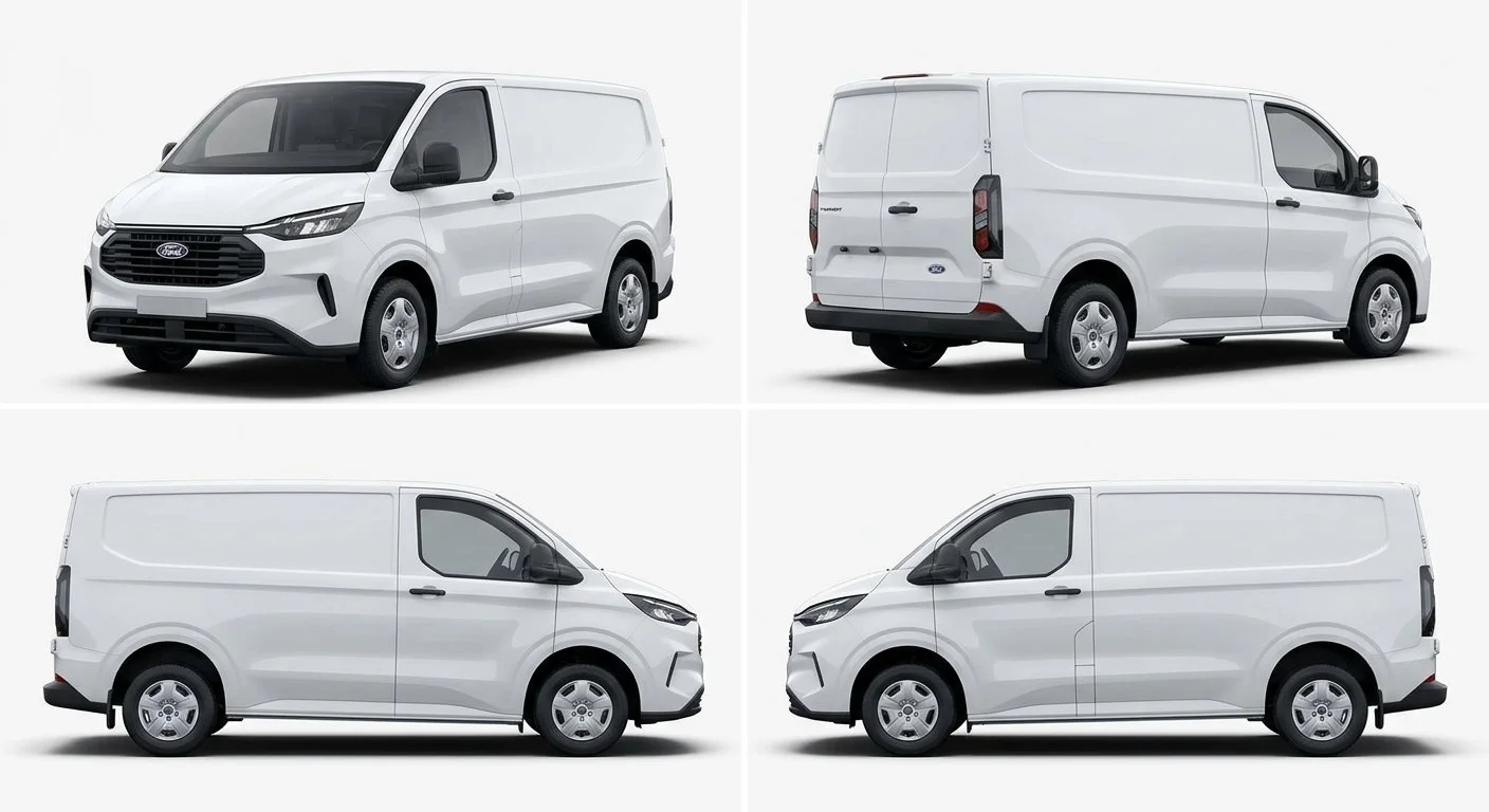 Vier Ansichten eines weißen Ford Transit Custom Lieferwagens, vorne links, hinten rechts, Seitenansicht links, Seitenansicht rechts, isoliert auf weißem Hintergrund.