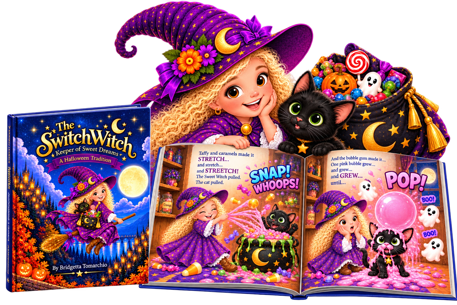 Colorful children's book illustration featuring a girl dressed as a witch with a purple hat and cloak, a black cat, and Halloween-themed decorations like pumpkins, ghosts, and candies. The book's title is 'The Switch Witch: Keeper of Sweet Dreams'.