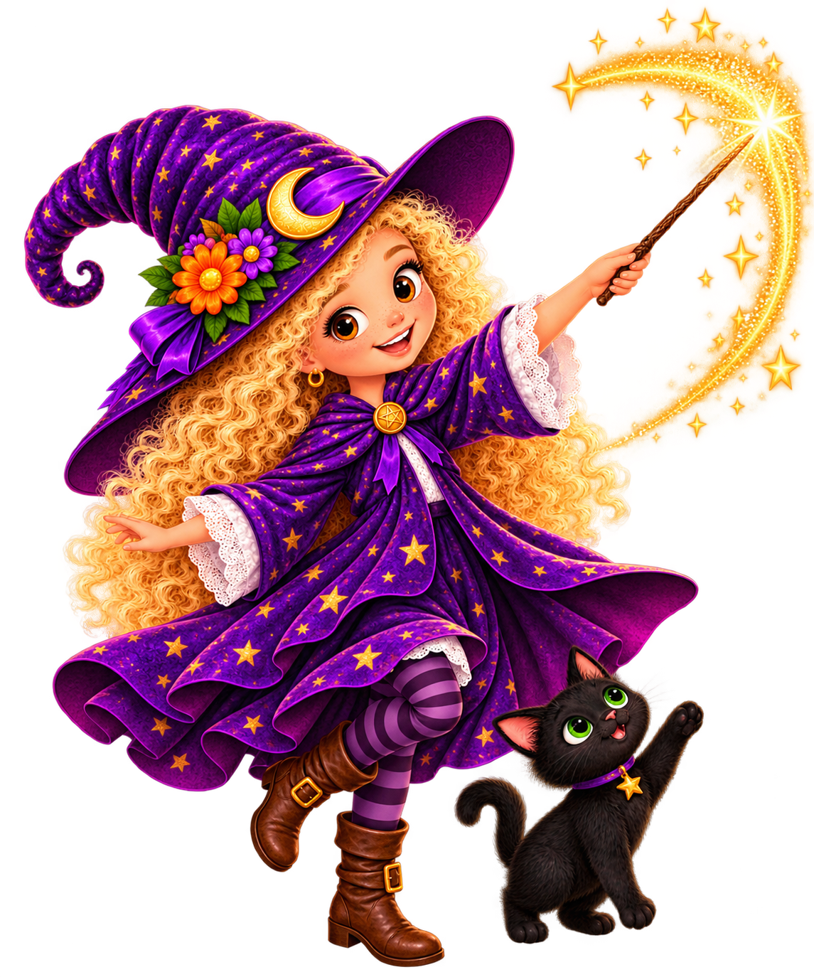 A cartoon girl dressed as a witch with a purple hat and dress decorated with stars, holding a magic wand with a shining star and sparkles, accompanied by a black cat with green eyes and a star-shaped collar.