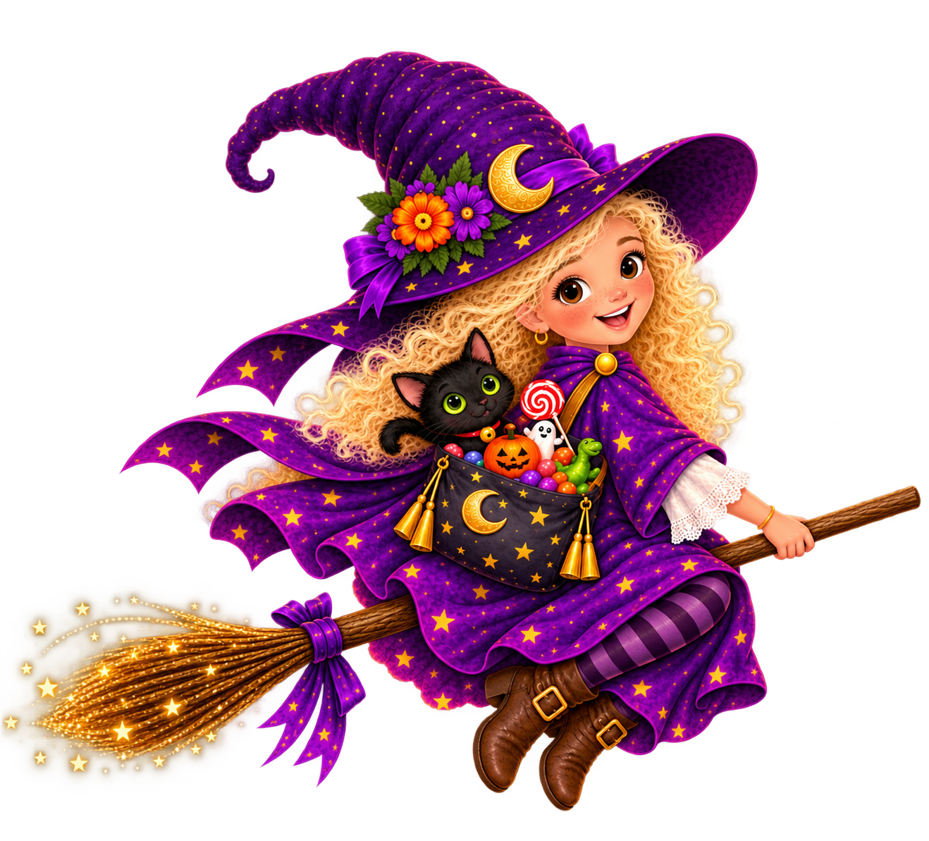 A young girl dressed as a witch, flying on a broomstick with a black cat, surrounded by Halloween treats, wearing a purple starry hat and cloak, with a moon decoration and flowers on her hat.