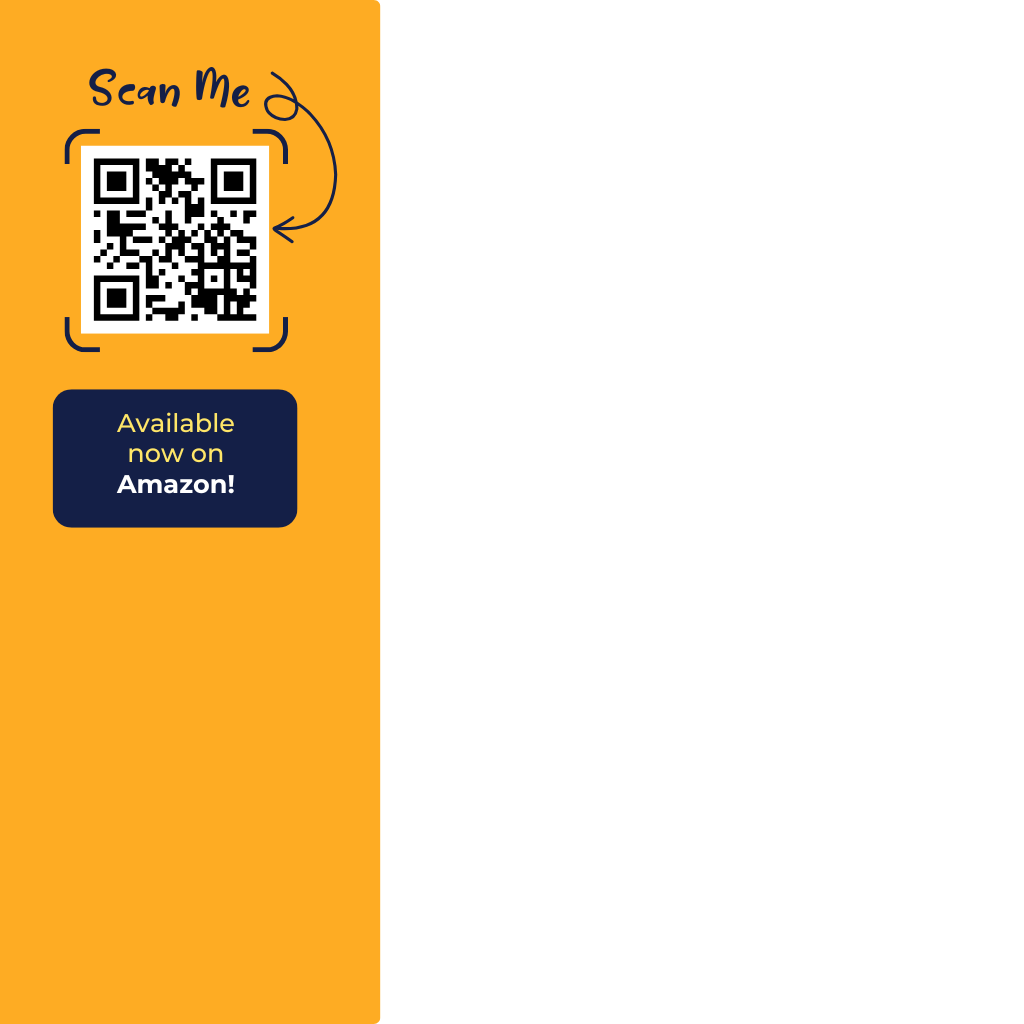 A yellow vertical banner with a QR code and the text 'Scan Me' above it. Below the QR code, there is a navy blue box with yellow and white text that reads: 'Available now on Amazon!'.