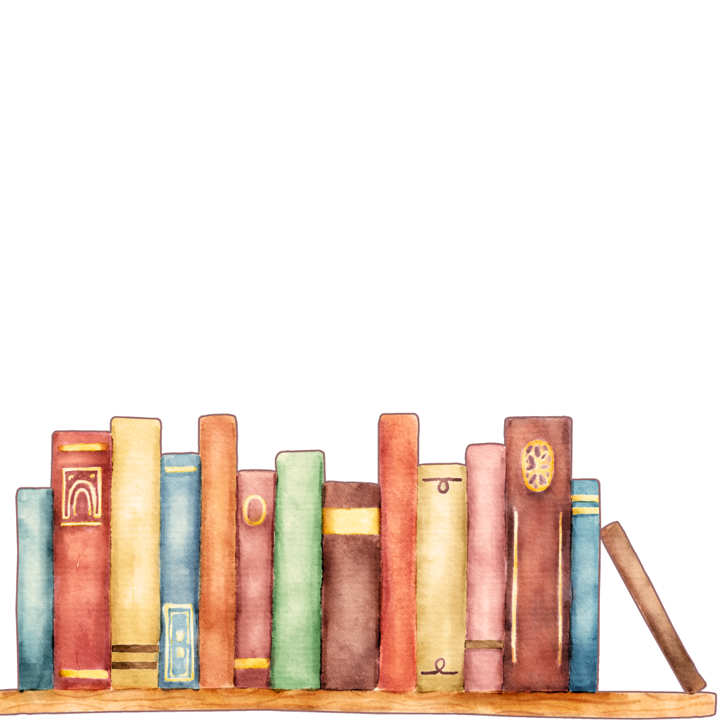 Watercolor illustration of a bookshelf filled with colorful books on a wooden shelf.