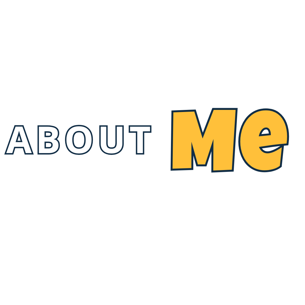 The image features the phrase 'About Me' with 'About' in white text and 'Me' in large, yellow and black outlined letters, on a black background.