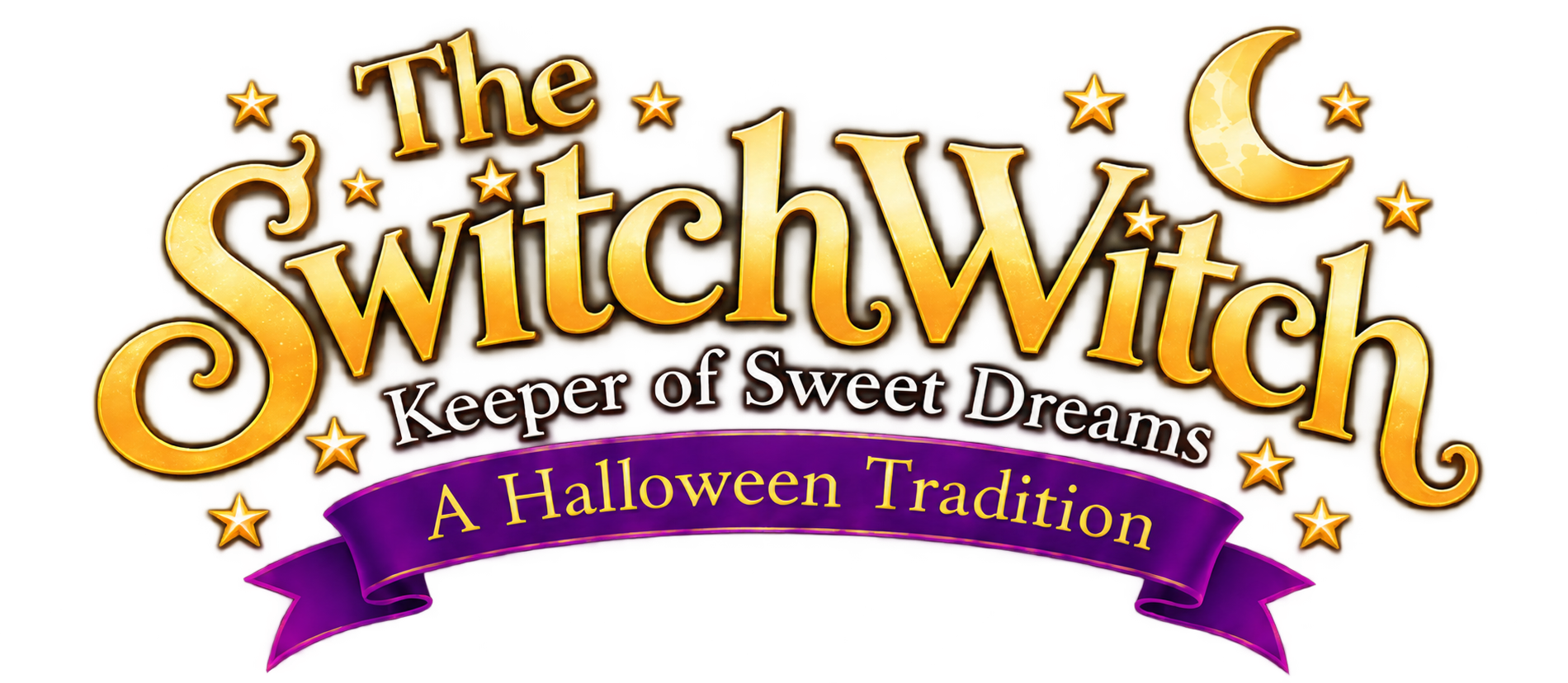 Logo for The Switch Witch, a Halloween-themed event or tradition, featuring a crescent moon, stars, and a purple ribbon with the text 'A Halloween Tradition'.