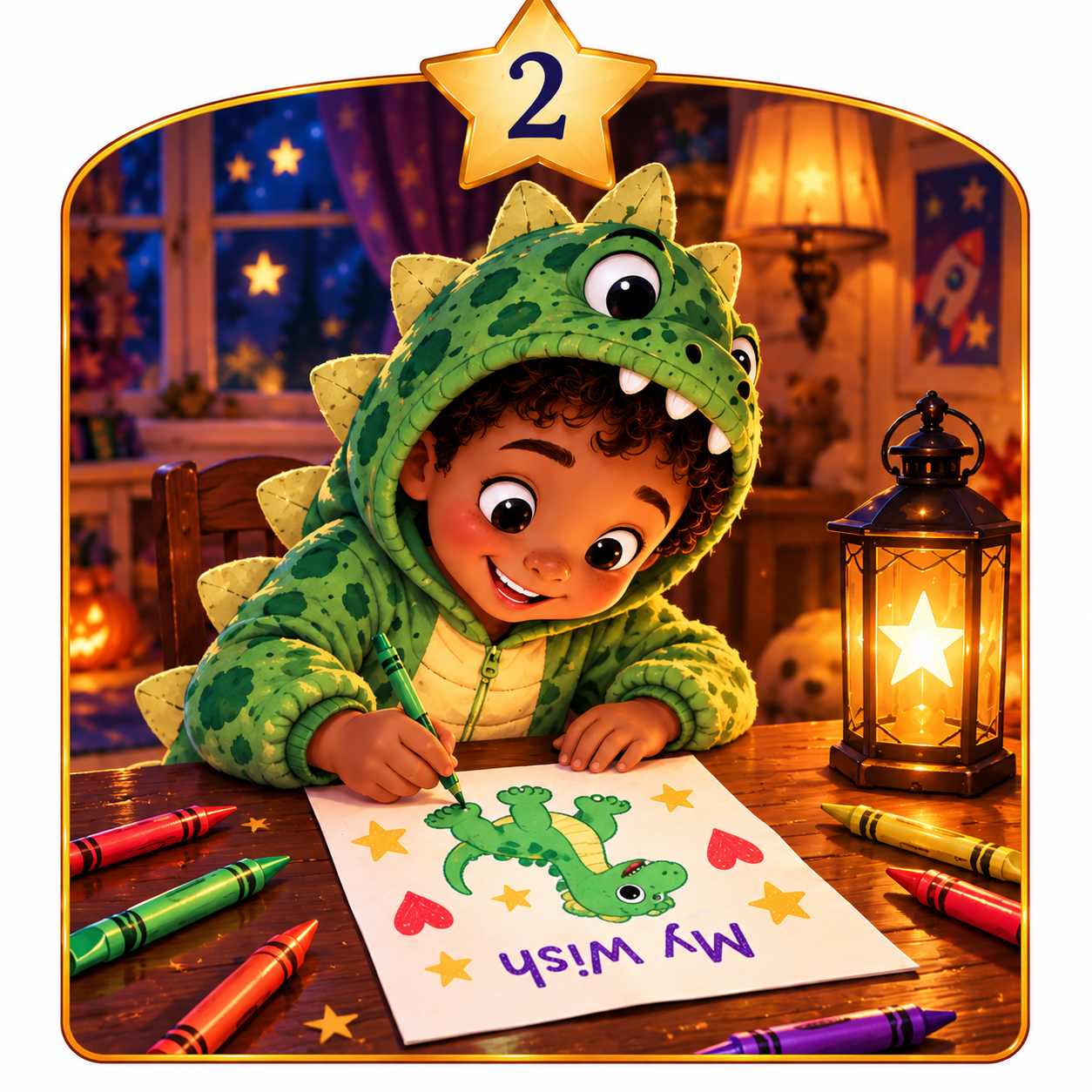 A young boy in a green dinosaur costume drawing on a paper with crayons, surrounded by a warm lit room decorated with stars and pumpkins.