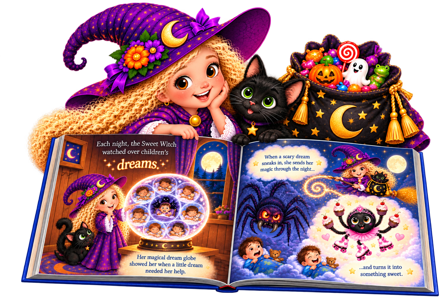 Colorful illustration of a young girl in a purple witch costume and hat, with curly blonde hair and a black cat, reading a magical storybook surrounded by Halloween decorations like a bag of candy, pumpkin, ghost, frog, and spider, on a purple background.