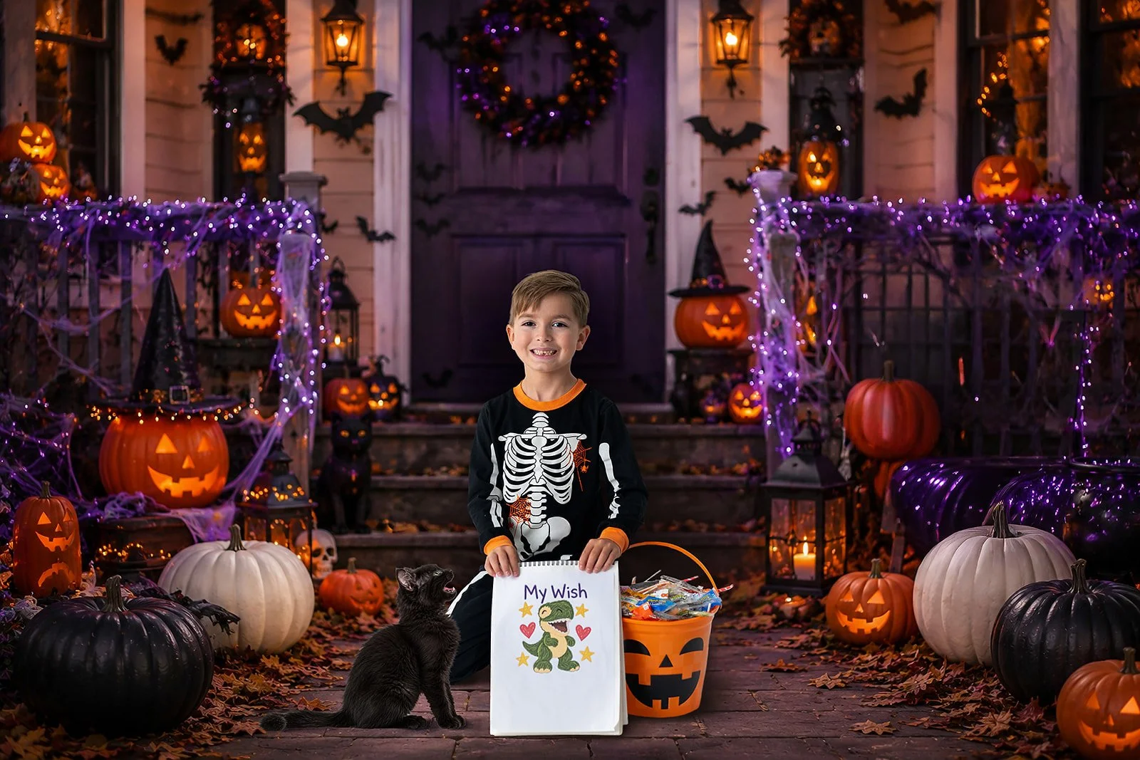 A young boy dressed in a online Skeleton costume holding a new Halloween Wish list, sitting on front porch with pumpkins and Halloween decorations, smiling, with a black kitten beside him, at night with lit Halloween lanterns and purple string lights.