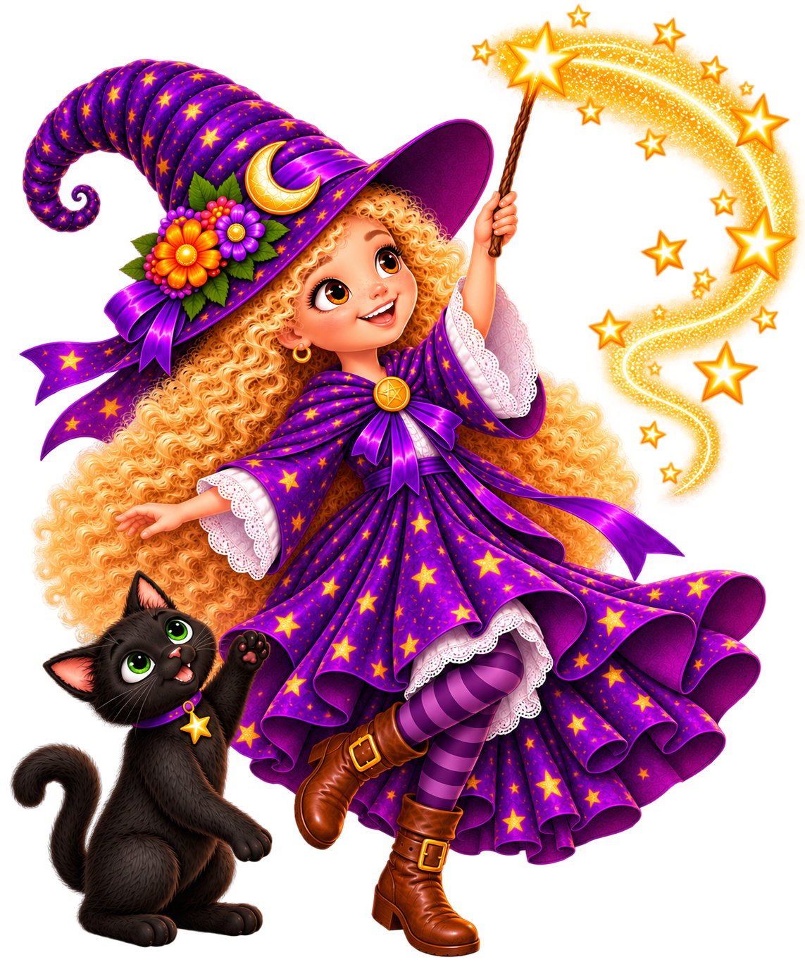 A young witch with curly blonde hair wearing a purple hat and dress decorated with stars, holding a magic wand with a starry trail, accompanied by a black cat with green eyes, wearing a star pendant.