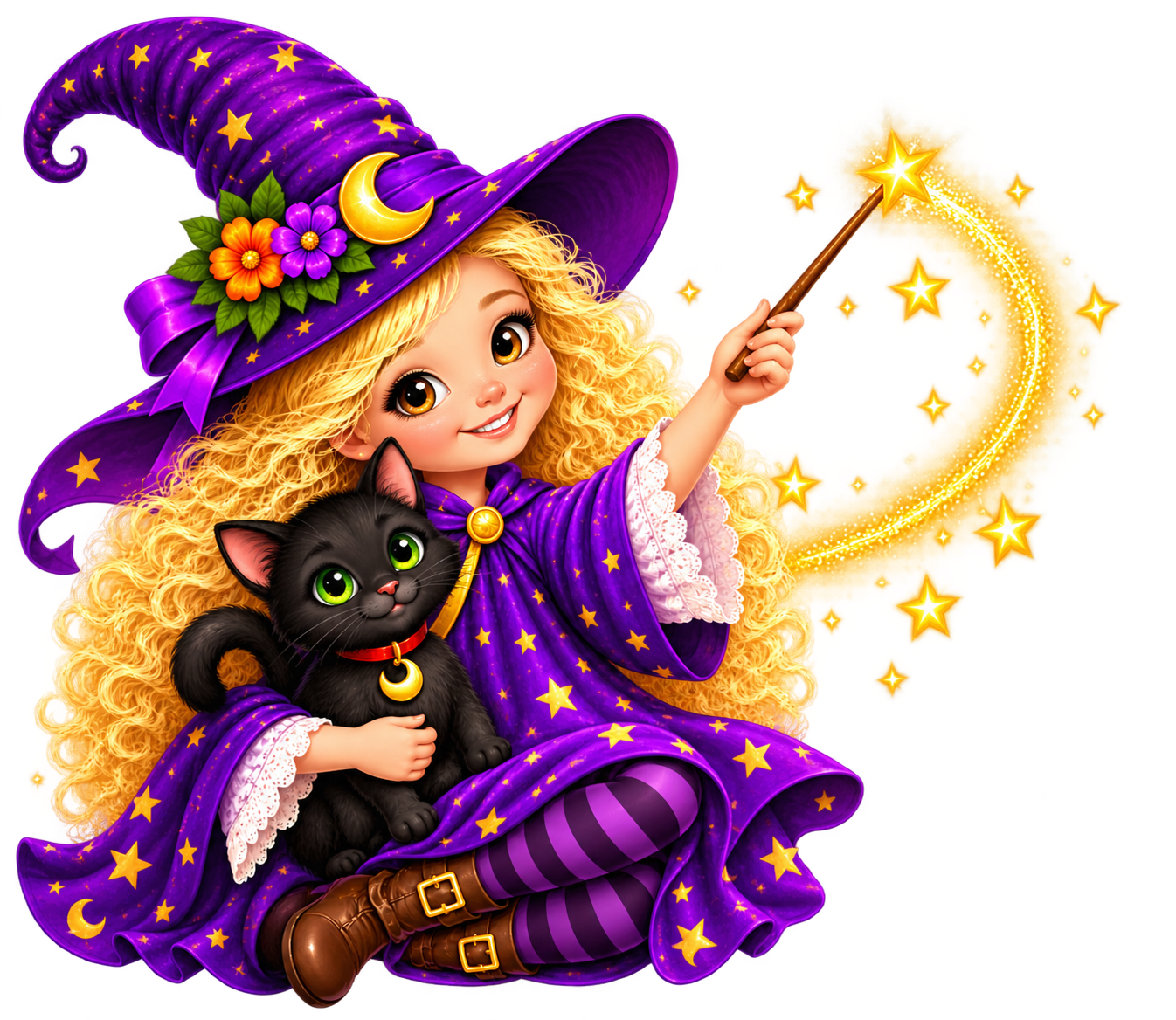 A young girl dressed as a witch with a purple hat and cape, holding a magic wand creating a glowing crescent moon with stars, and sitting with a black cat featuring large green eyes.