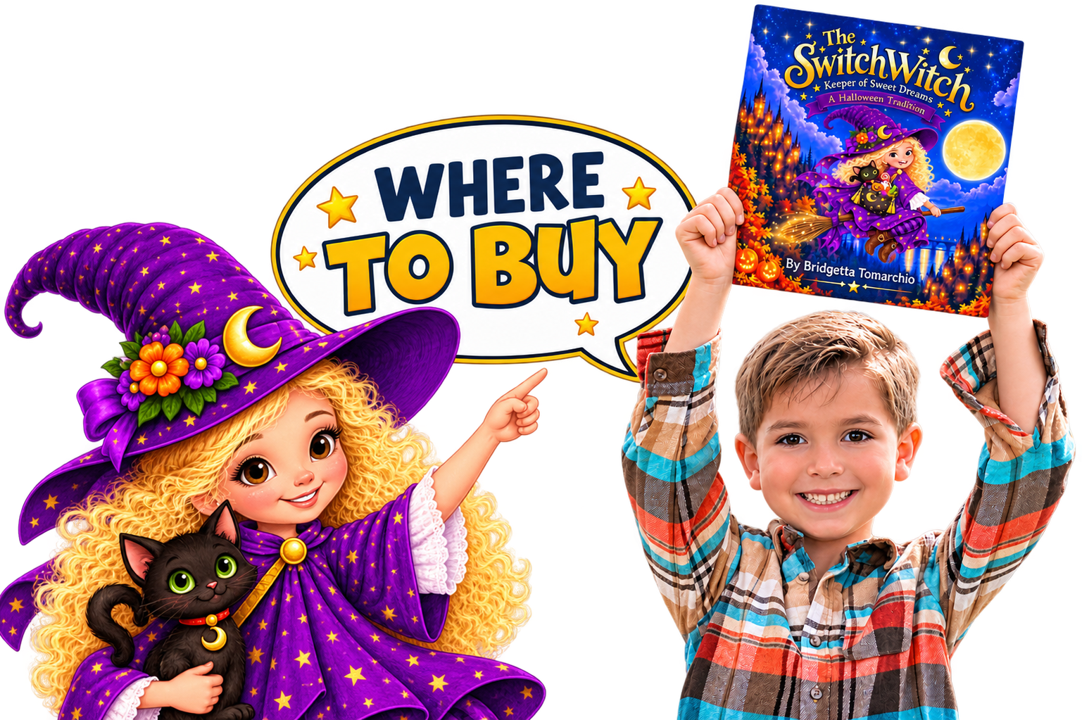 A young boy holding a book titled "The Switchwitch" standing next to an illustrated cartoon witch with long curly hair, wearing a purple hat decorated with flowers and a moon, and a purple cloak with star patterns. The witch is pointing towards a speech bubble that says "Where to Buy" in bold letters.