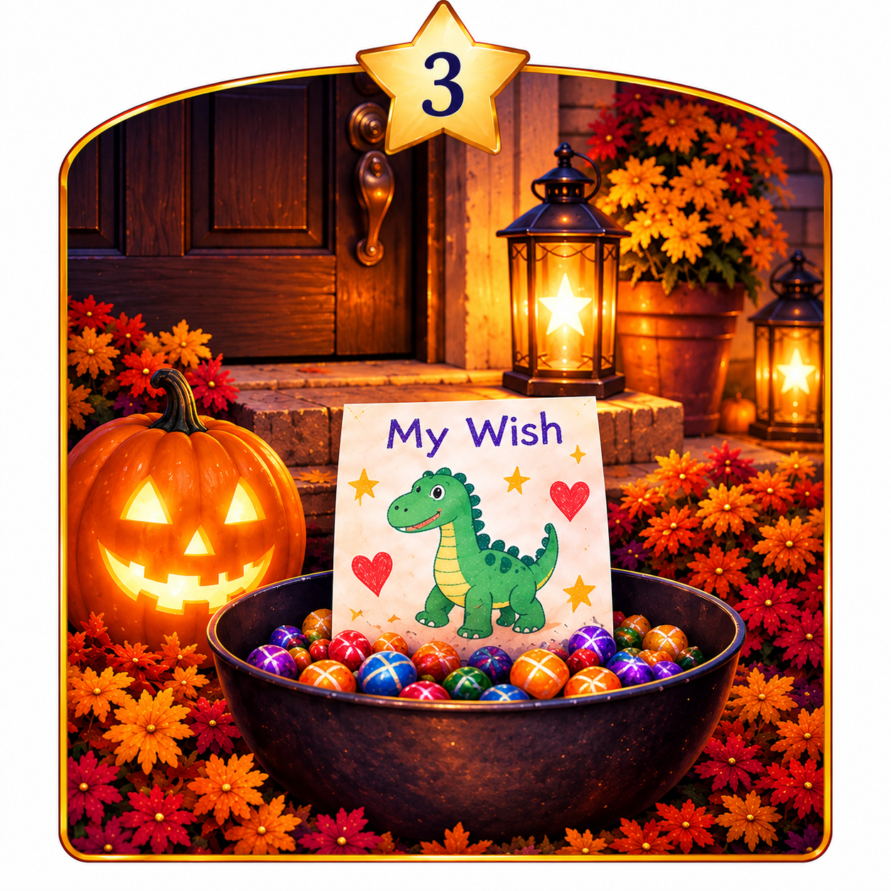 Halloween display featuring a carved pumpkin lantern, a sign with a child's drawing of a dinosaur and the text 'My Wish,' surrounded by colorful candy, orange and red flowers, and lit lanterns in front of a wooden door with autumn decorations.