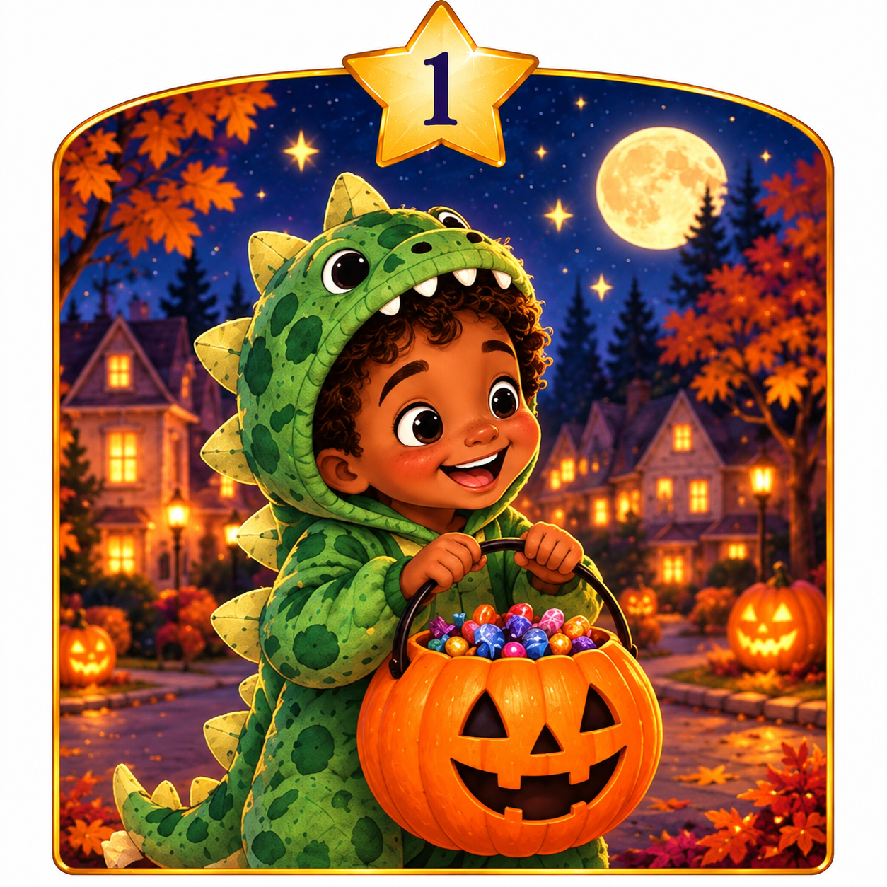 A smiling child dressed in a green dinosaur costume holding a Halloween pumpkin bucket filled with colorful candy, Halloween decorations, and autumn leaves under a night sky with a full moon and a spooky neighborhood.