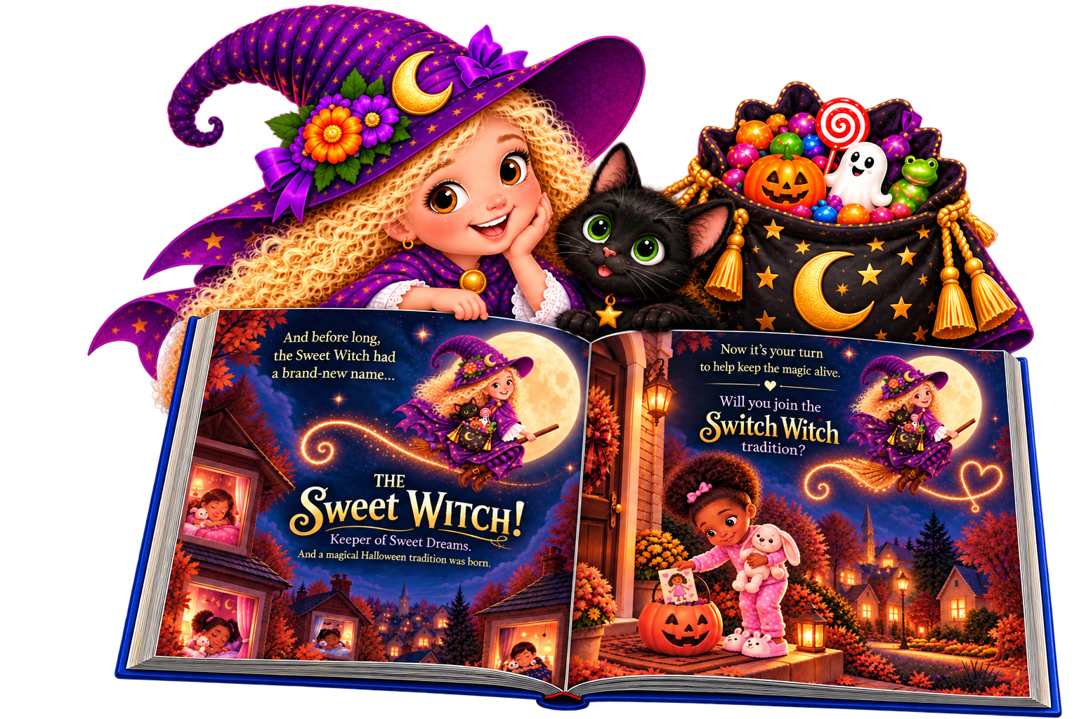 A children's Halloween book spread open to a colorful illustration of a witch flying on a broomstick at night with the moon in the background, and a girl with curly hair holding a stuffed bunny next to a carved pumpkin. Behind the book, there is a purple witch's hat decorated with flowers, a moon, and stars, with a bag filled with Halloween candies and toys.