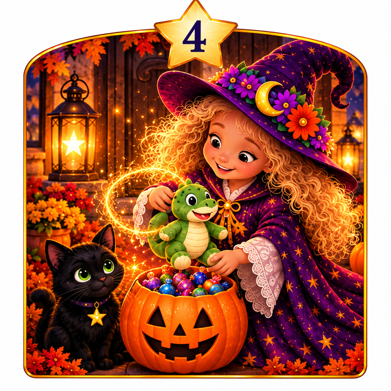 A young girl dressed as a witch with curly hair in a purple hat decorated with flowers, holding a green dragon plush and sitting near a carved pumpkin filled with colorful candies. A black cat wearing a star collar sits beside her. The background features autumn leaves, lanterns, and warm lights, creating a festive Halloween scene.