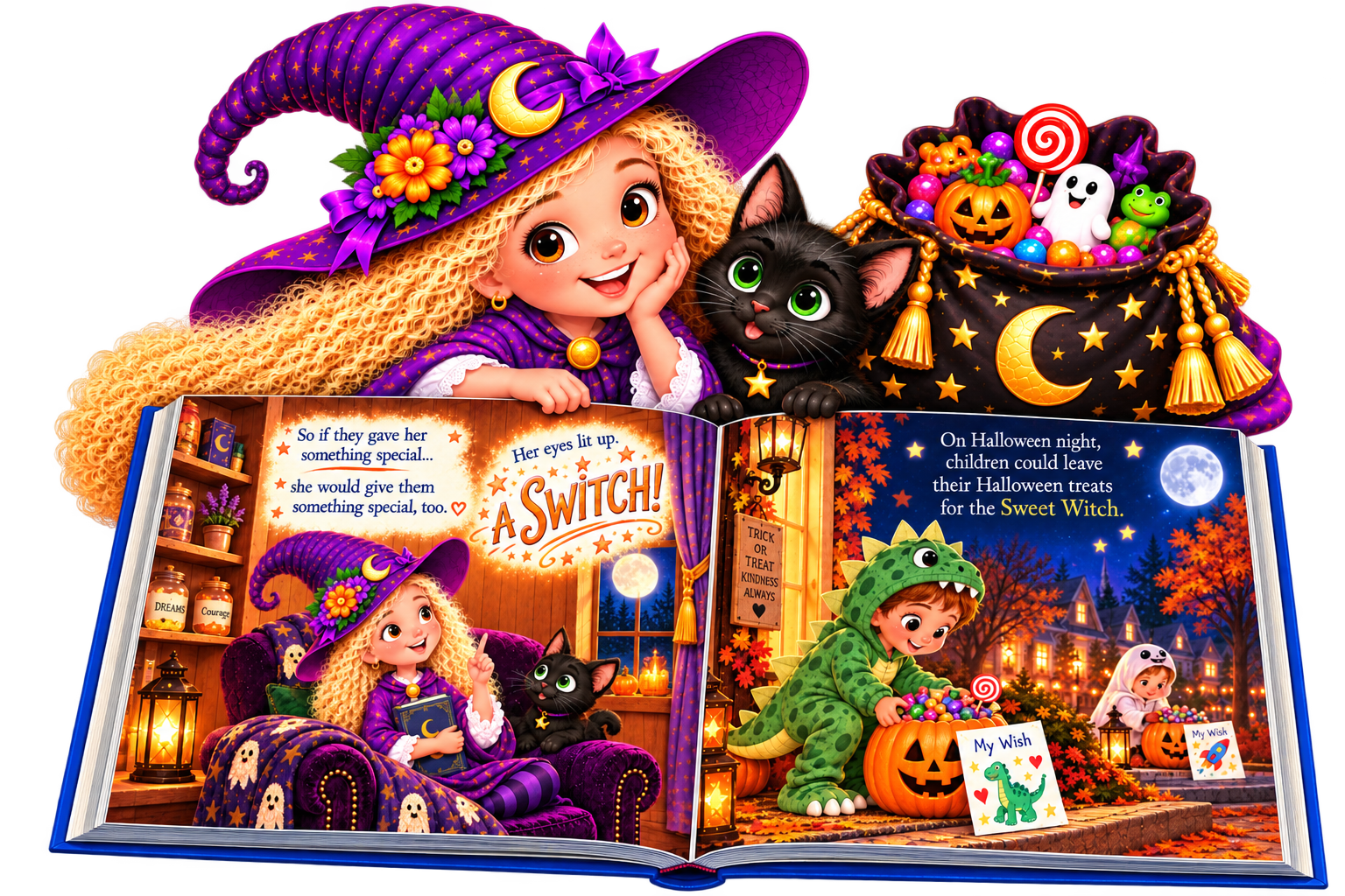 Illustration of a young girl dressed as a Halloween witch with curly blonde hair, a black cat, and a book showing a Halloween scene with children in costumes, pumpkins, and a full moon, celebrating Halloween and candy exchange.