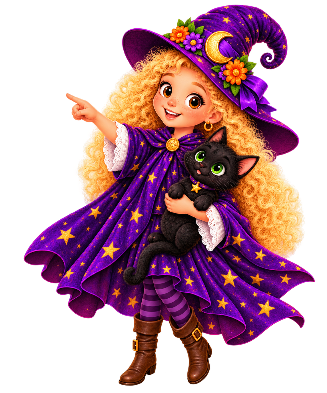 A young girl dressed as a witch with curly blonde hair, a purple starry cloak, and a matching hat decorated with flowers and a crescent moon, holding a black cat with bright green eyes.