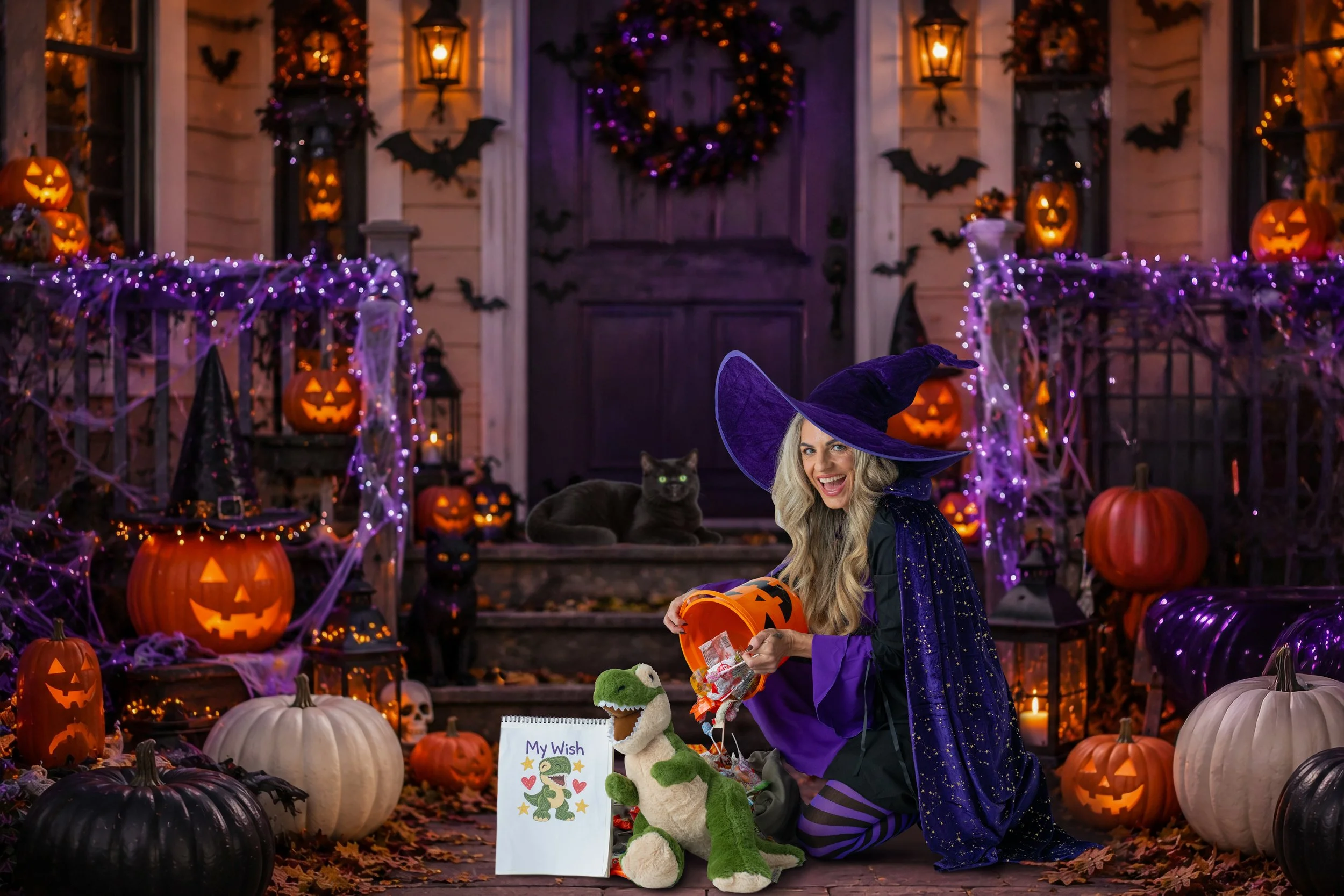 A woman dressed as a witch with a purple cape and witch hat, sitting on steps in front of a Halloween-themed decorated house. She is holding an orange bucket with candy, surrounded by pumpkins, a stuffed dinosaur, and Halloween decorations including skulls, bats, and purple string lights.