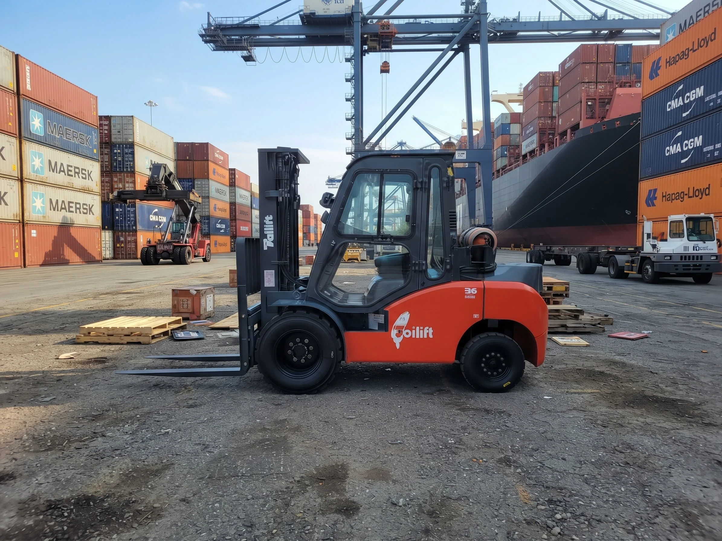 Container terminal with stacks of shipping containers, a Tailift forklift, forklift rental