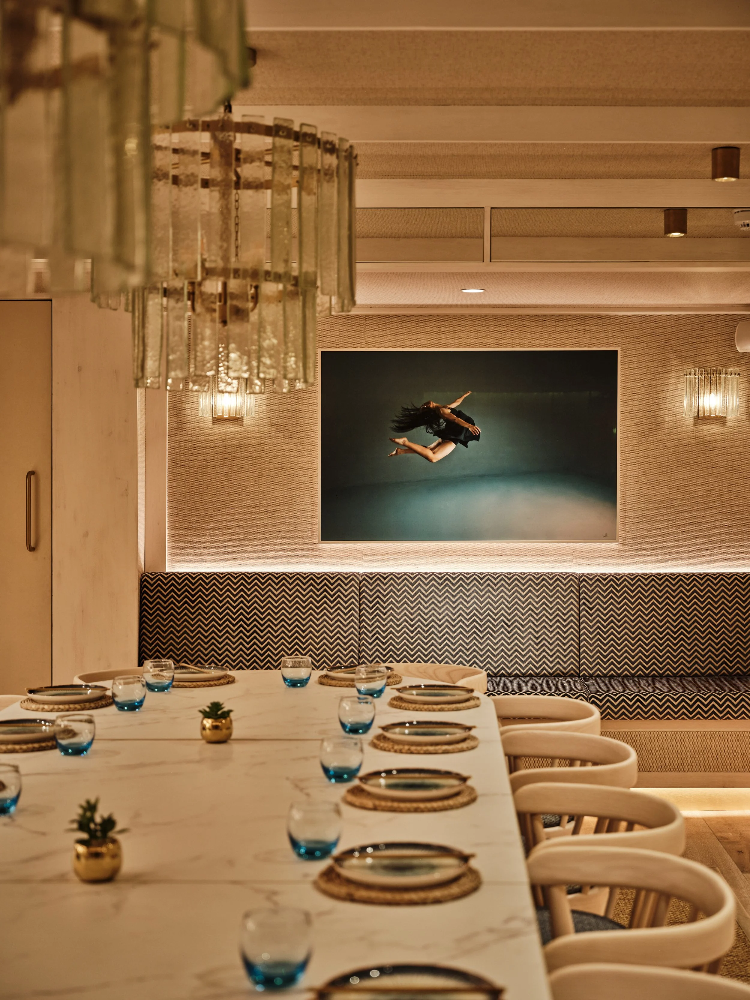Banquette seating within the room