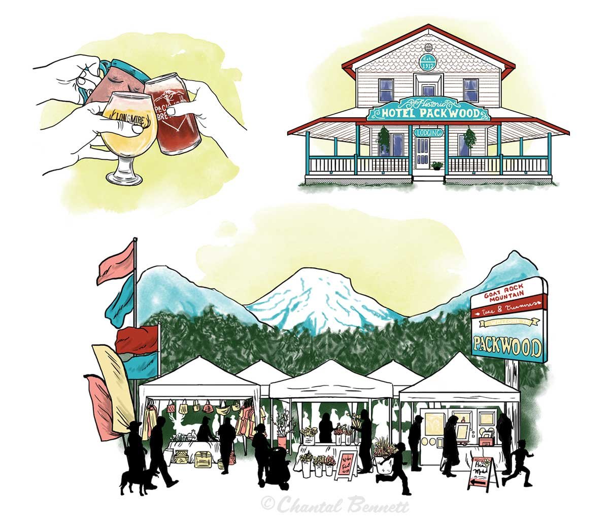 Magazine travel spot illustrations of Packwood, WA. An illustration of a mountain scene with a festival, a historic hotel, and two people toasting with drinks  by Chantal Bennett.