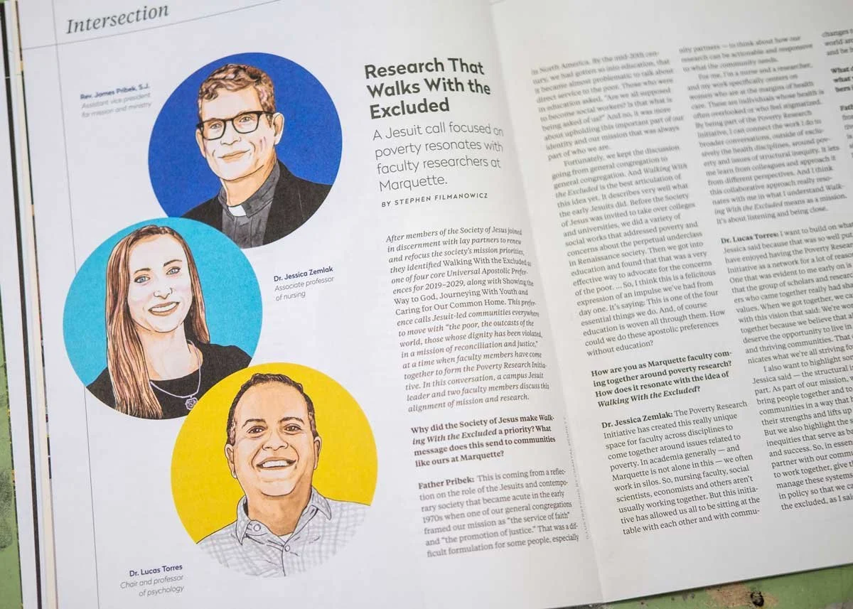 Illustrated magazine headshot portraits of three individuals with colored circular backgrounds. The top person is a man with glasses and short hair, set against a blue background  by Chantal Bennett.