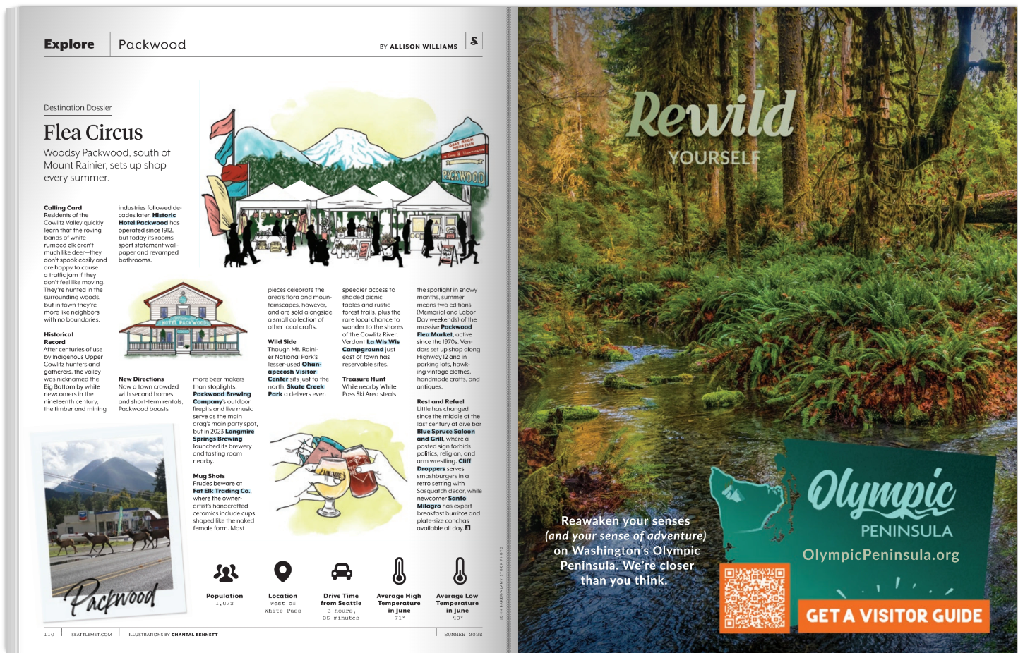 Seattle Met illustrated travel guide for Packwood, Washington, with illustrations of mountains, a lodge, and a brewpub, along with text about local attractions and history.  by Chantal Bennett.