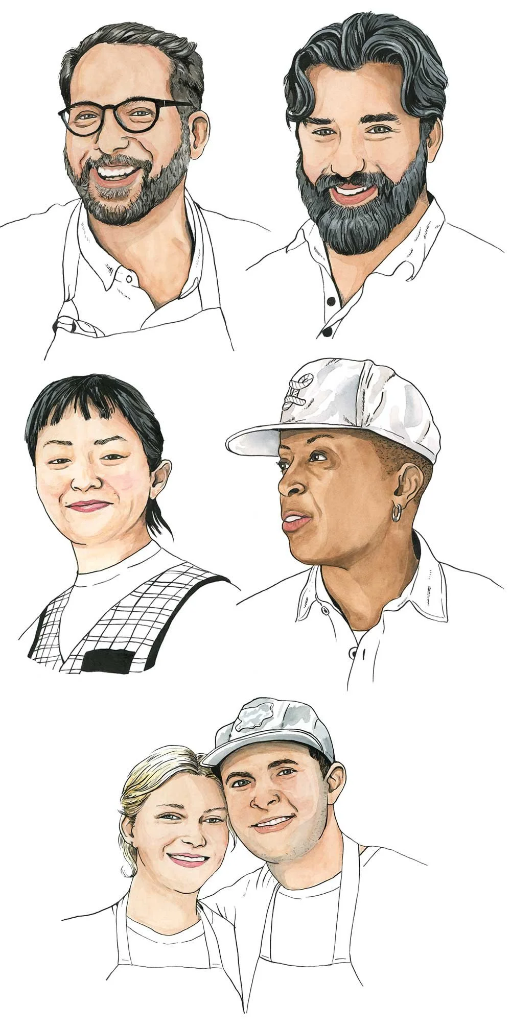 Portrait headshot illustrations of chefs diverse people, each in casual clothing, smiling, with some wearing glasses or hats.  by Chantal Bennett.