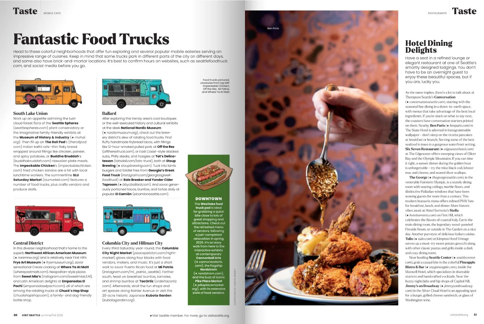 Visit Seattle magazine illustrated spread of food trucks icons  by Chantal Bennett.
