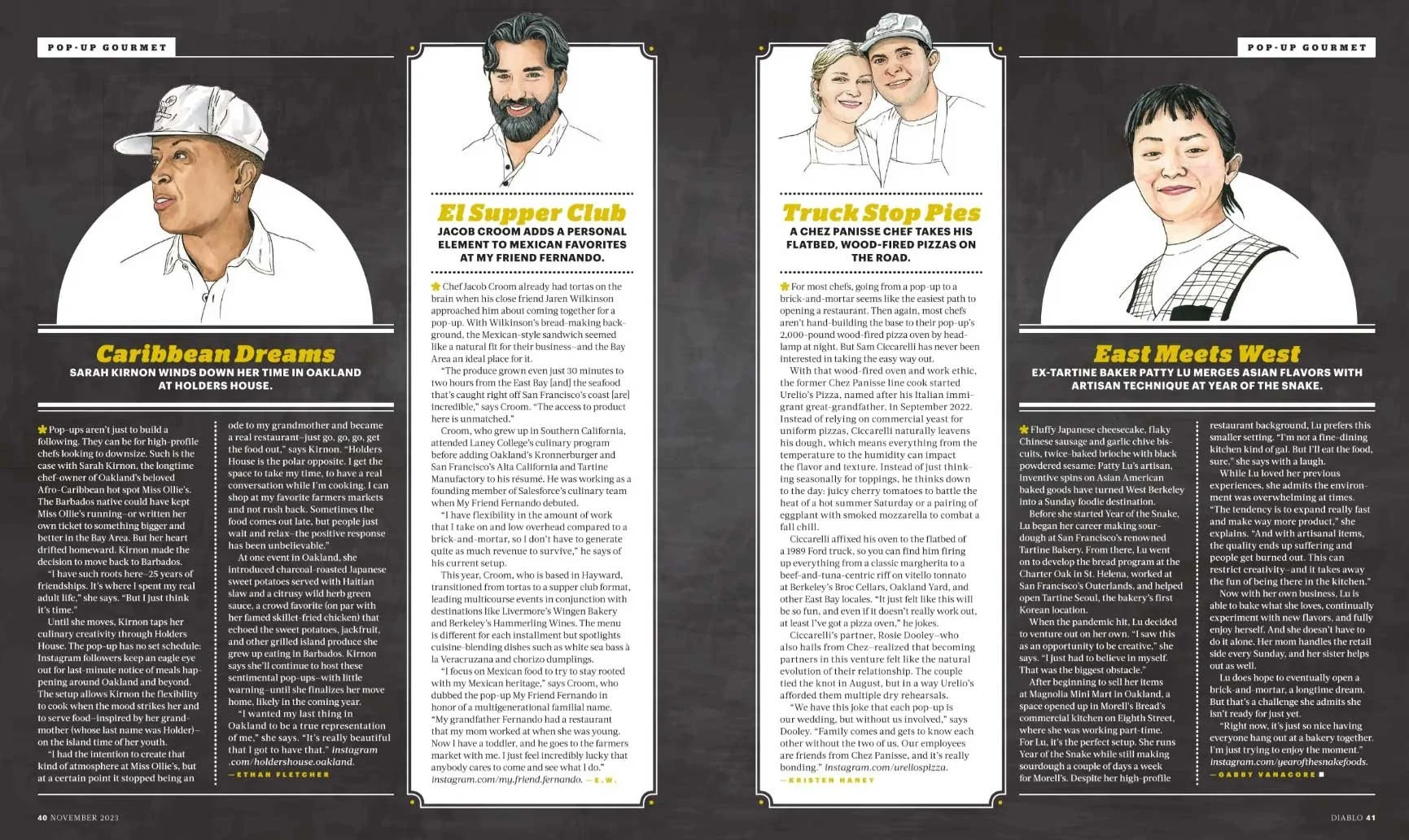 A magazine spread featuring four stories, each with an illustrated portrait of a person  by Chantal Bennett.