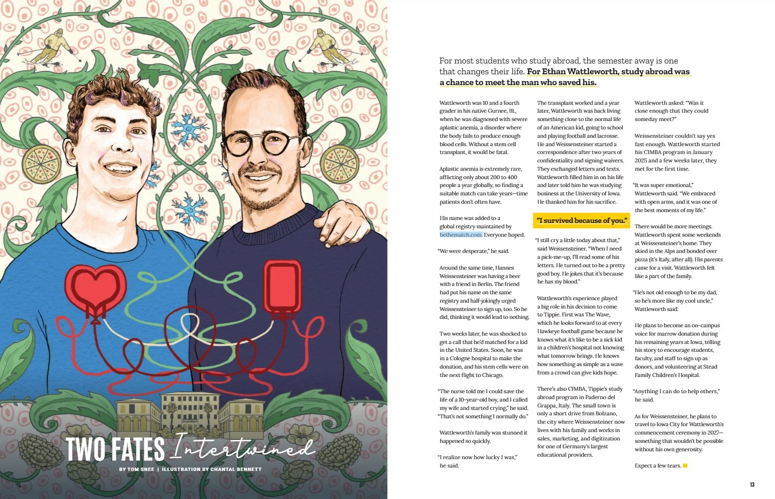 Illustration of two young men, one with curly hair and the other with glasses and a beard, standing together The background features green vines, flowers, and decorative elements, published in Tippie Magazine  by Chantal Bennett.