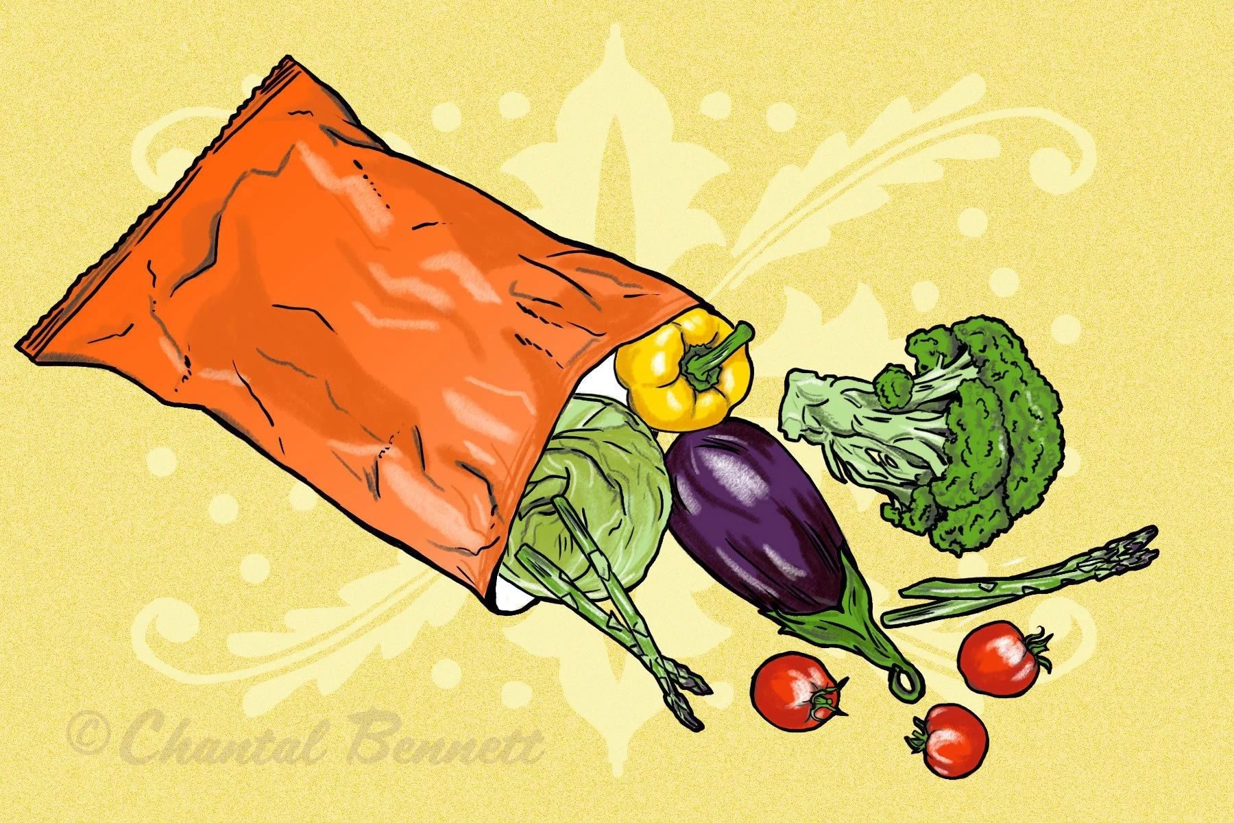 Food conceptual magazine colorful illustration of various fresh vegetables spilling out of an orange paper bag, including a yellow bell pepper, purple eggplant, broccoli, lettuce, cherry tomatoes, and asparagus,  by Chantal Bennett.