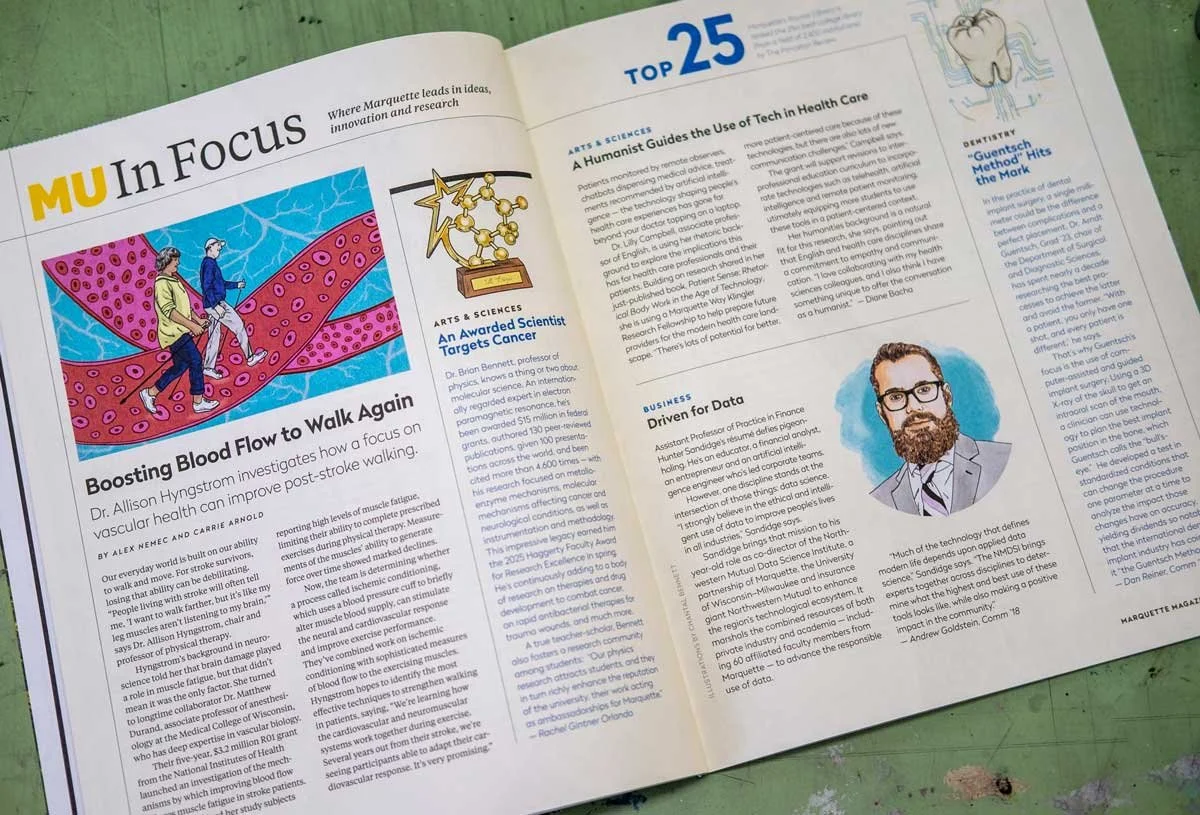 Marquette Magazine illustrated spread  with articles about science, health care, and business, featuring illustrations of a molecule, a DNA model, a scientist portrait, and two people walking on a cell membrane  by Chantal Bennett.