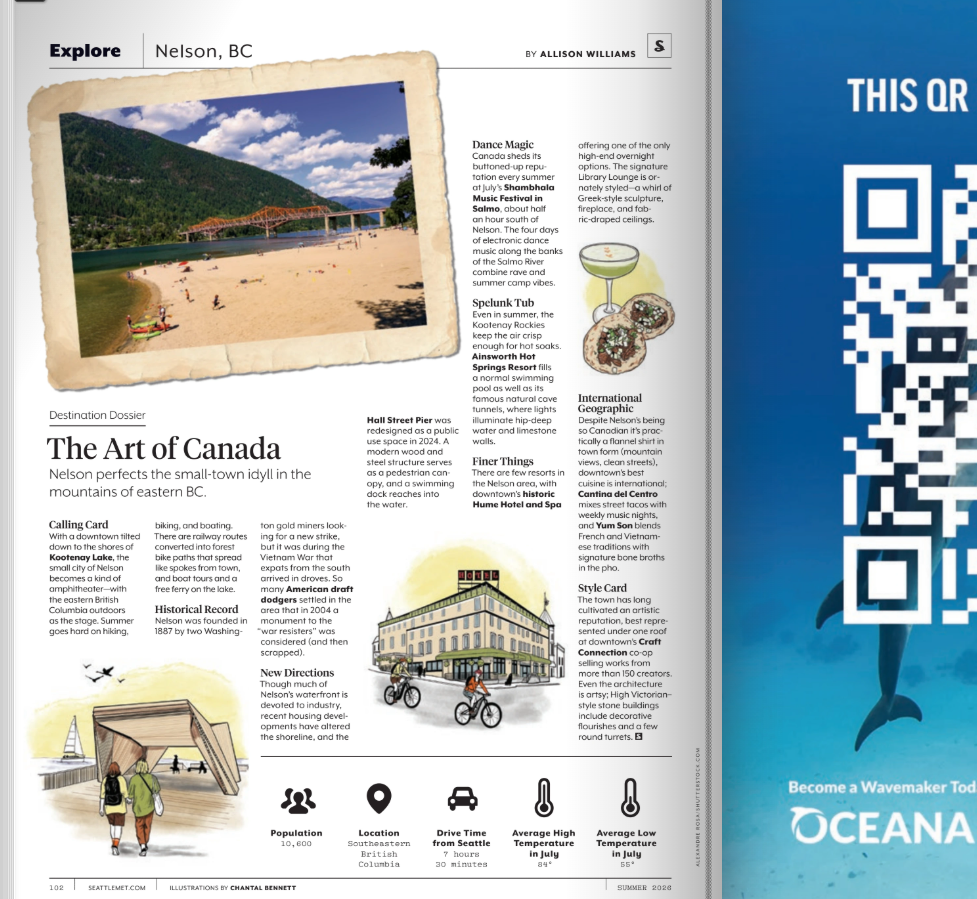 A Seattle met magazine page featuring a travel article about Nelson, BC, Canada, with a photograph of a beach, mountains, and a bridge, maps, and illustrations of local drinks and a building  by Chantal Bennett.