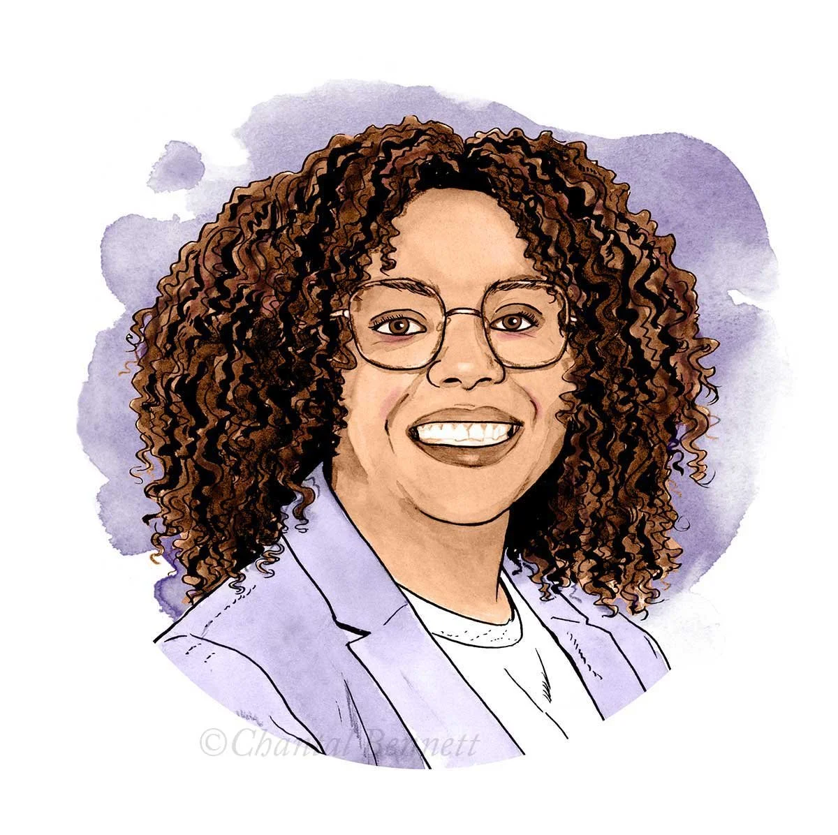 A watercolor portrait headshot illustration of a black woman with curly hair, glasses, and a bright smile, wearing a light purple blazer by Chantal Bennett.