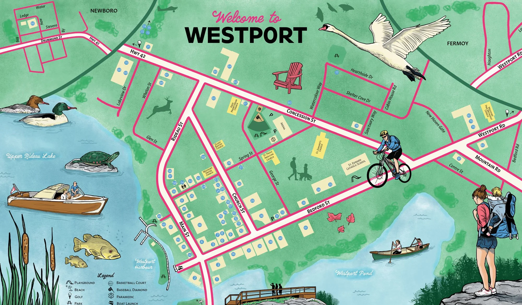 A colorful tourist illustrated map of Westport featuring roads, parks, a lake, and various outdoor activities, with illustrations of animals, people, and landmarks  by Chantal Bennett.