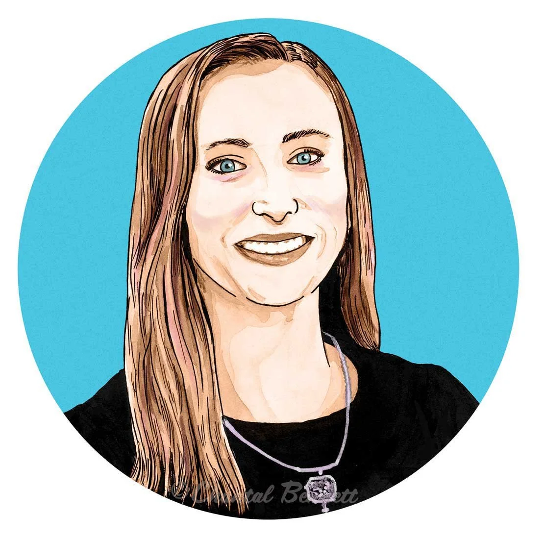 Portrait headshot illustration of a smiling woman with long light brown hair, blue eyes, wearing a black top and a silver necklace with a square pendant, set against a blue circular background  by Chantal Bennett.
