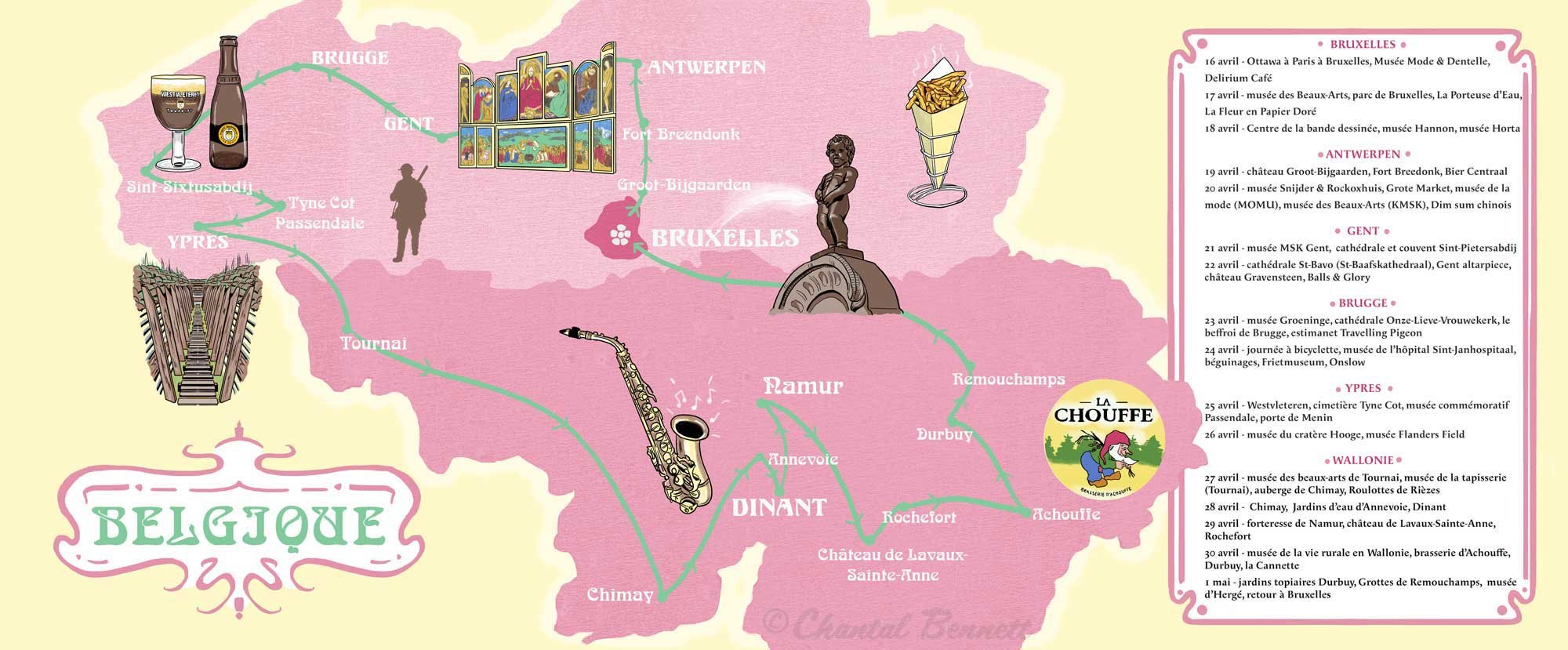 A colorful illustrated road trip map of Belgium highlighting notable cities and landmarks, with images of a glass of beer, a beer bottle, a church, a building with stairs, a saxophone, and a statue,by Chantal Bennett art nouveau style