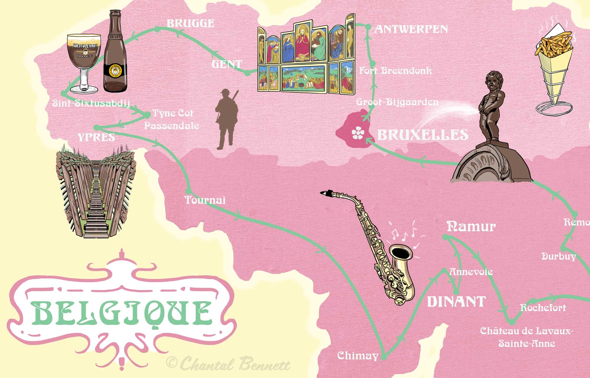 Illustrated Map of Belgium highlighting regions and cities, with illustrations including a Belgian beer glass and bottle, a stained glass window, a French fries cone, and a saxophone, along with a decorative emblem .'  by Chantal Bennett