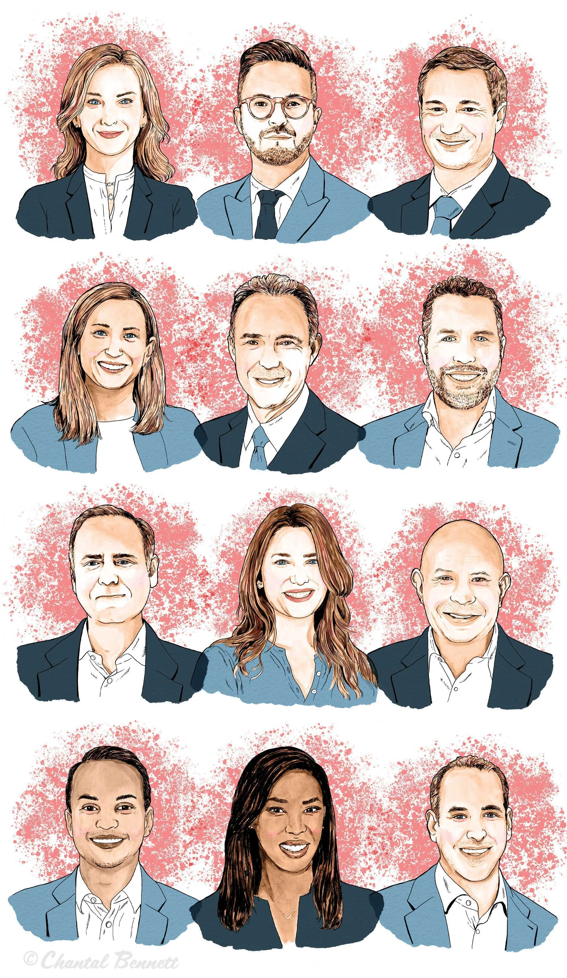 Illustrated portraits headshot of diverse professionals, arranged in rows, with a pink splatter background for Commercial Observer  by Chantal Bennett.