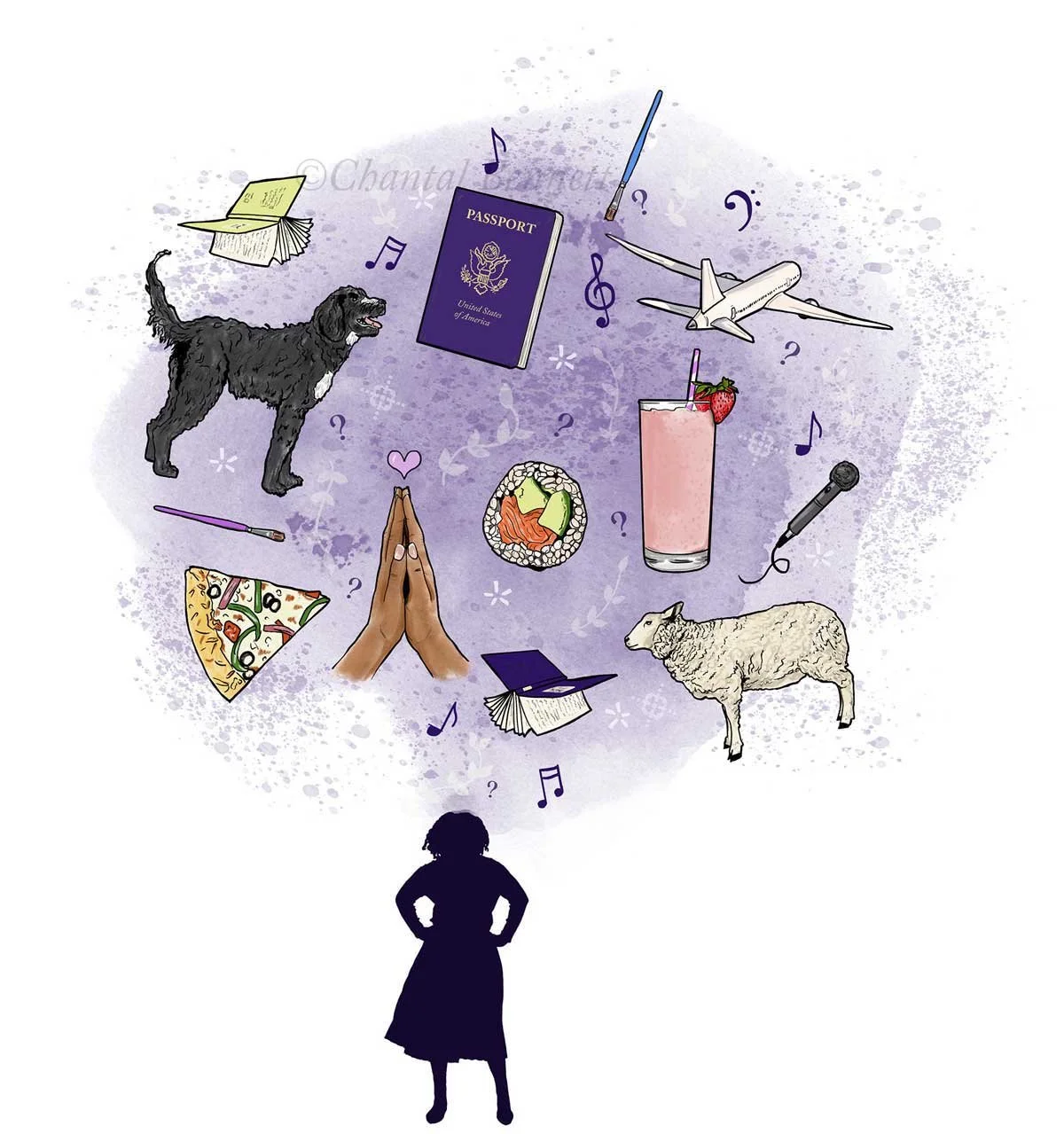 A conceptual illustration person standing and looking at a collage of travel and leisure items including a dog, sheep, pizza, praying hands, sushi, a pink beverage with a strawberry, an airplane, etc. by Chantal Bennett.