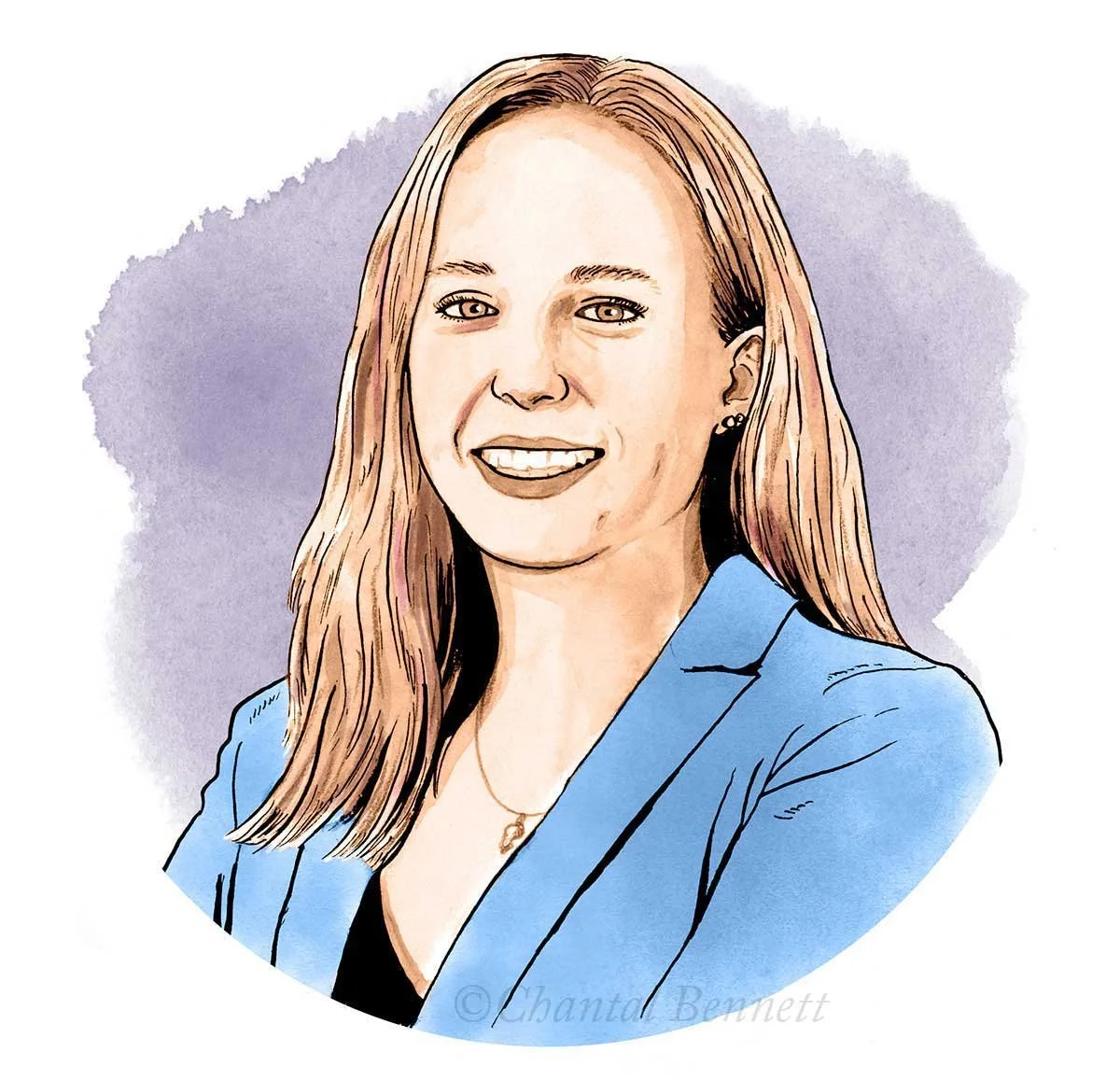 A watercolor headshot portrait  illustration of a woman with long reddish-blonde hair, wearing a light blue blazer, earrings, and a necklace, smiling with a purple background by Chantal Bennett