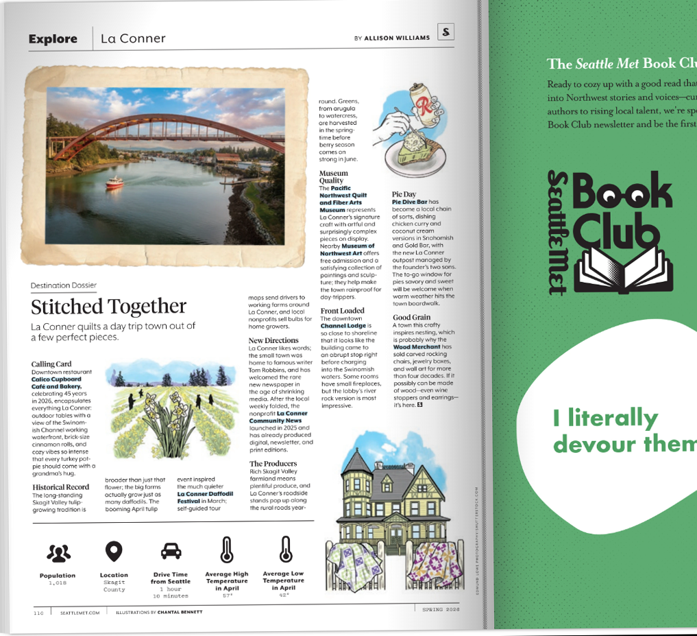 Seattle Met travel Magazine illustrated page featuring an article titled "Stitched Together" about La Conner, Washington  by Chantal Bennett.