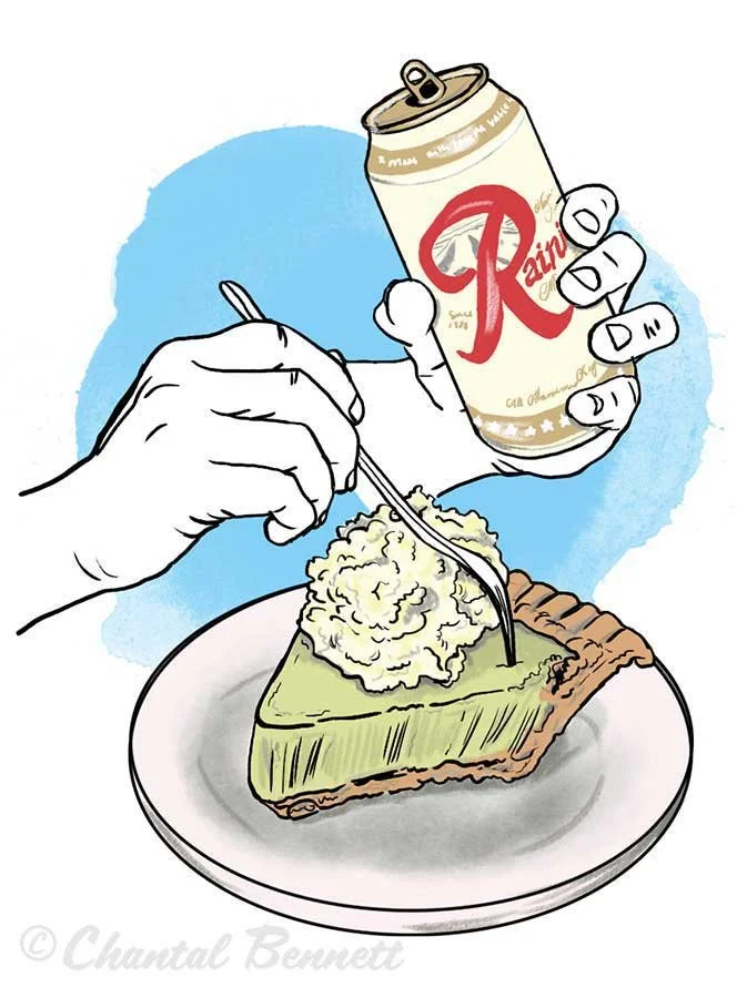 Seattle Met travel magazine illustration of A hand holding a fork and spoon, eating a piece of pie topped with whipped cream, while another hand holds a can of Rainer beer  by Chantal Bennett.