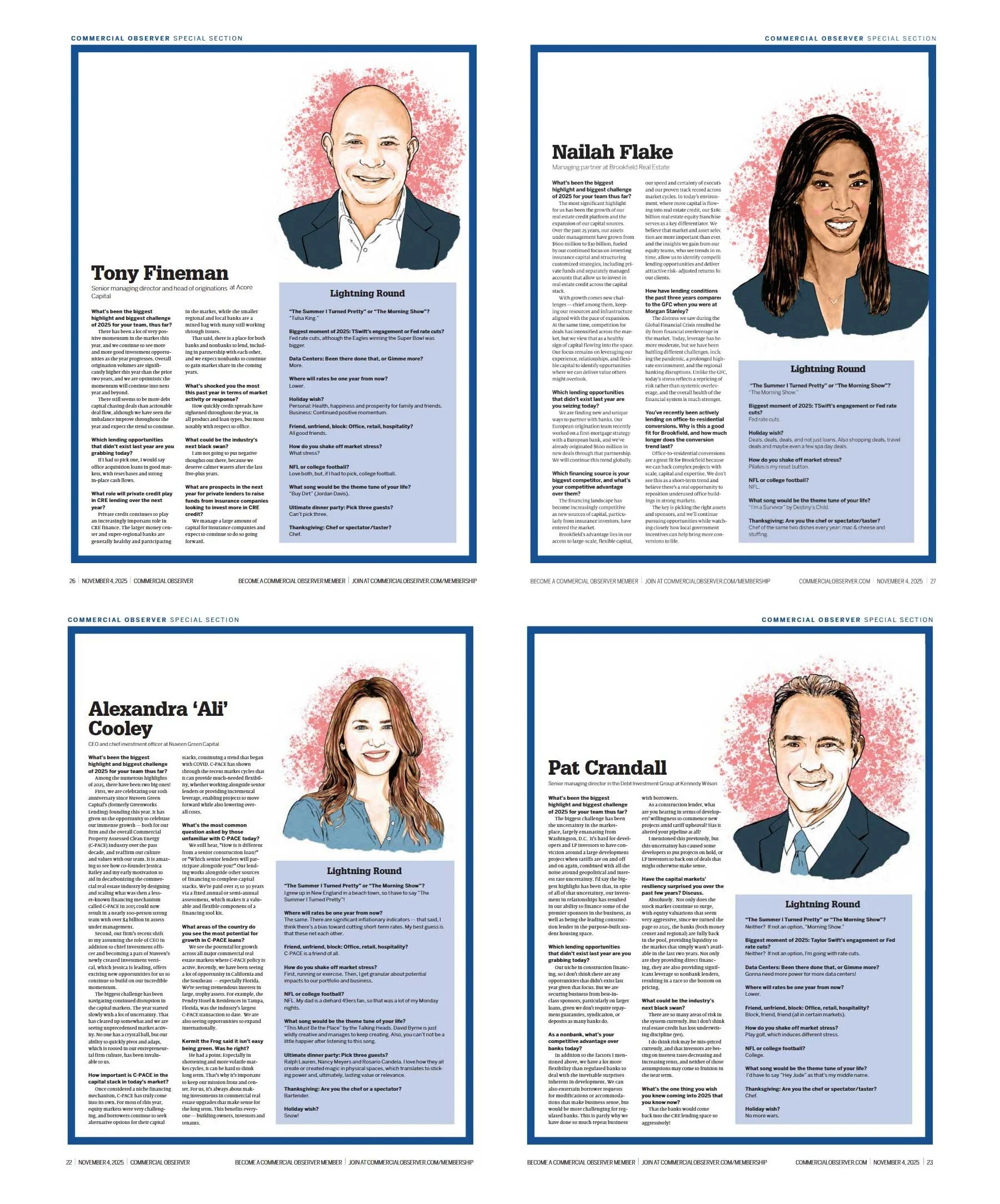Commercial Observer magazine spread with illustrated portrait headshots of professionals, each with a pink splatter background. The text includes questions and responses about business challenges and insights  by Chantal Bennett.
